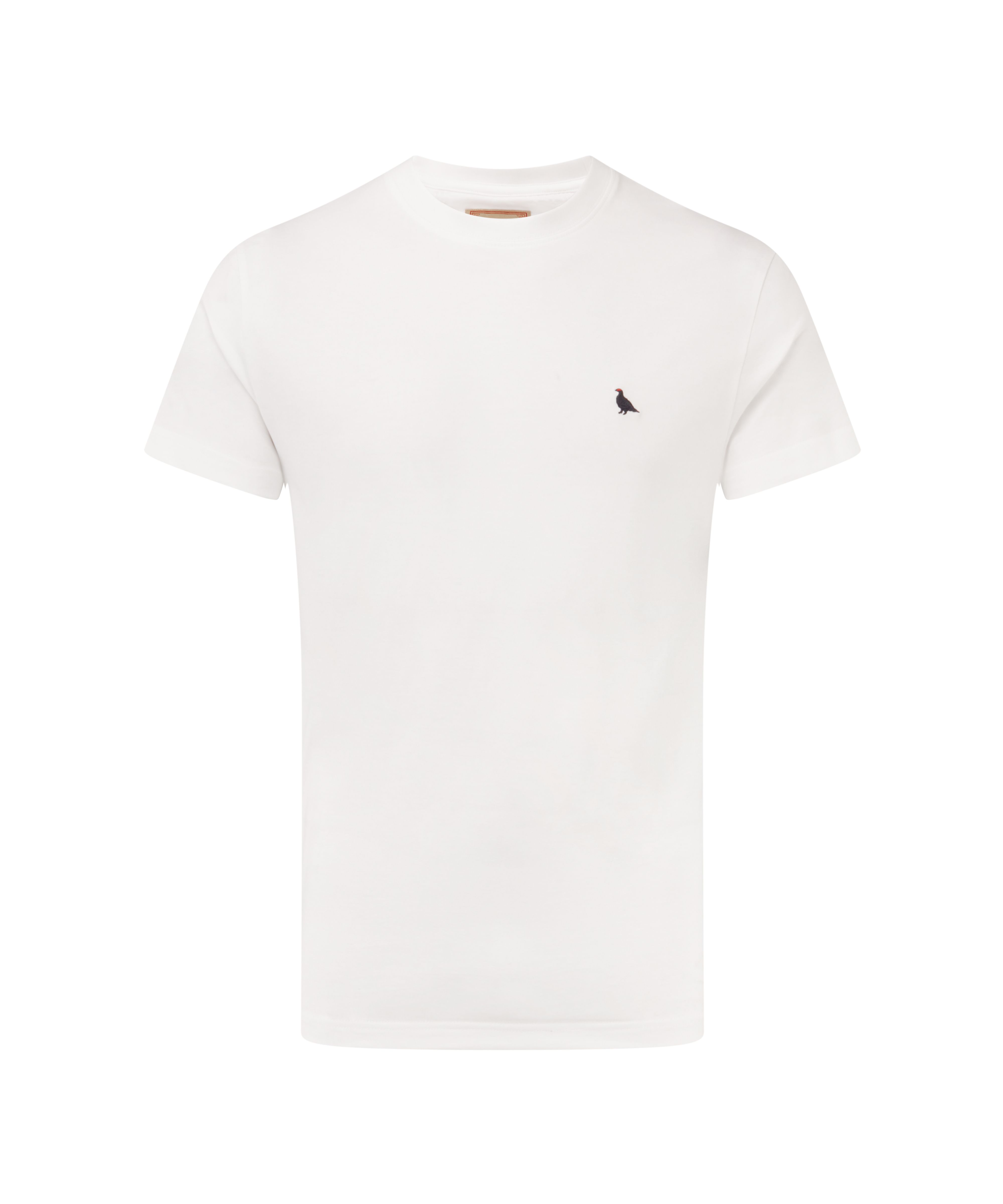White t-shirt with a small navy ptarmigan logo on a white background