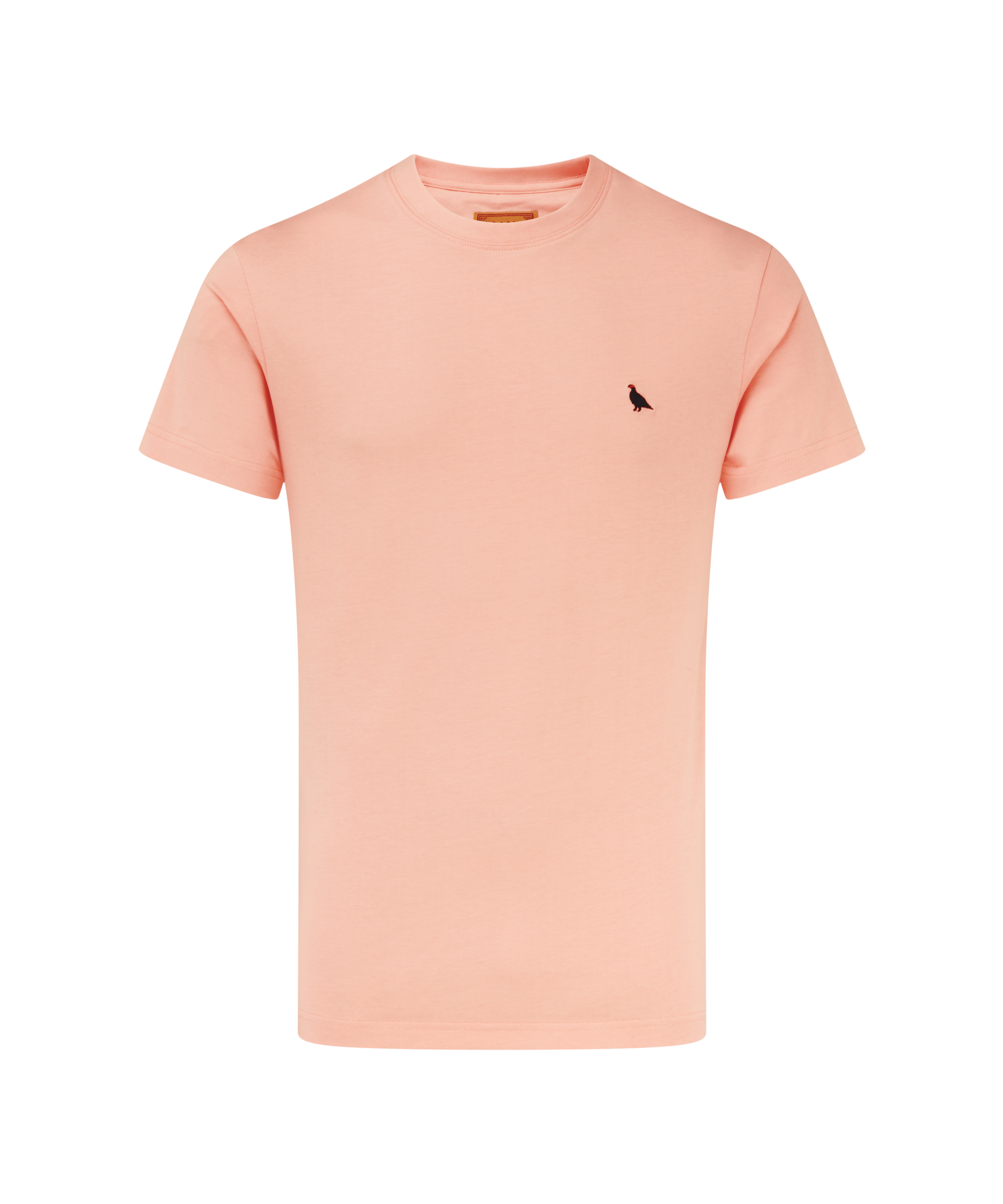 Peach-coloured t-shirt with a small navy ptarmigan  logo on a white background