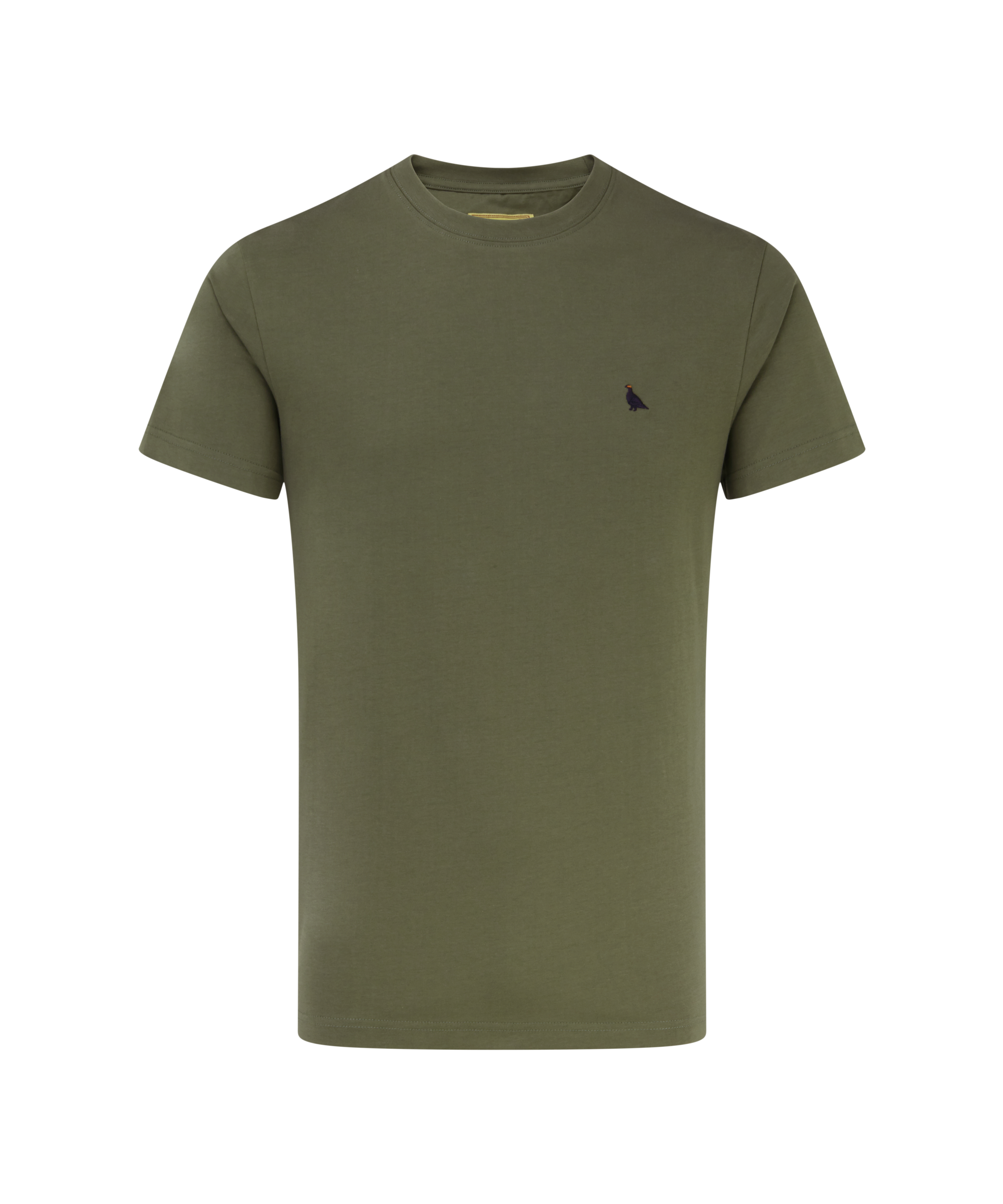 Green t-shirt with a small navy ptarmigan logo on a white background