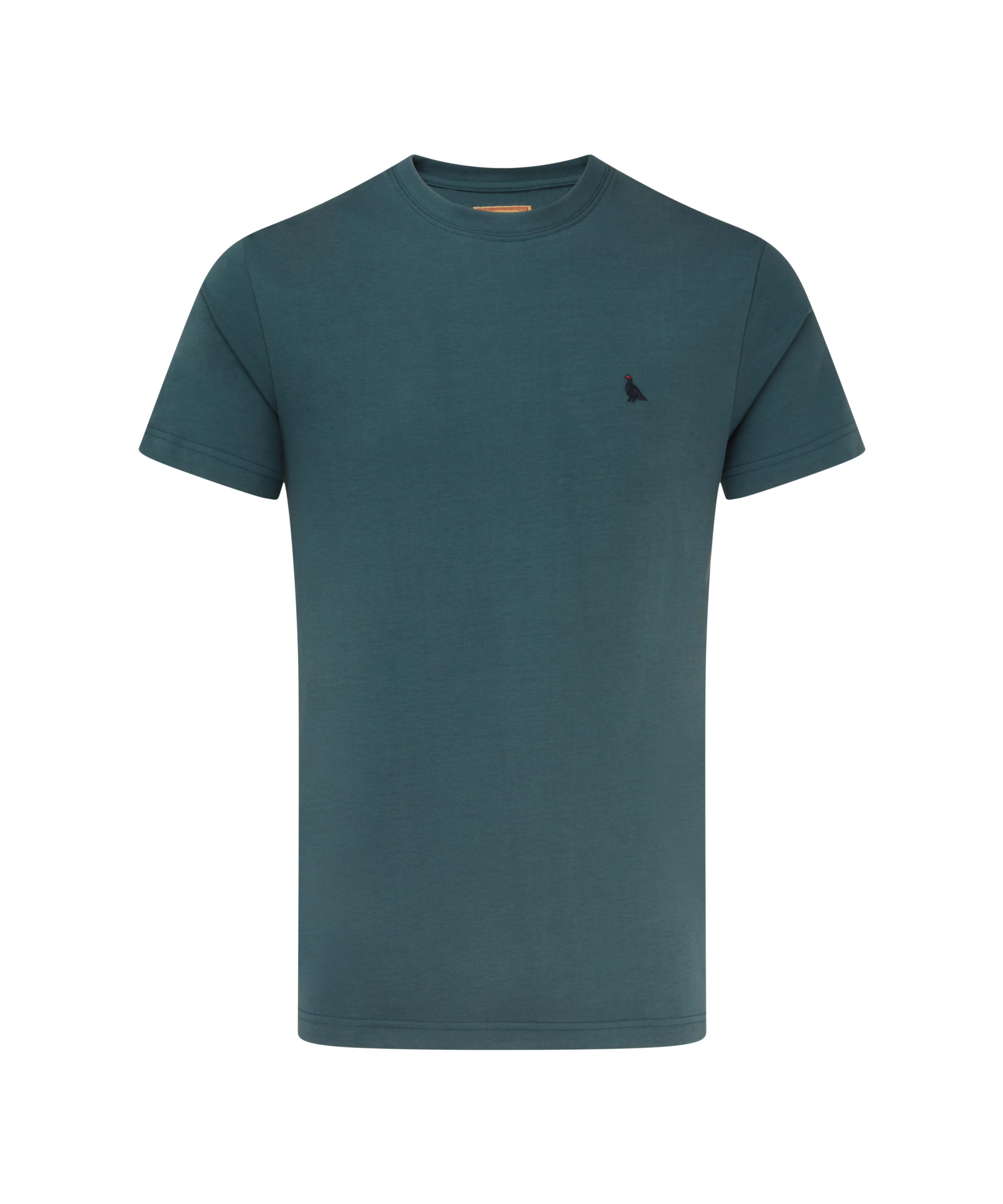 Teal t-shirt with a small navy ptarmigan logo on a white background