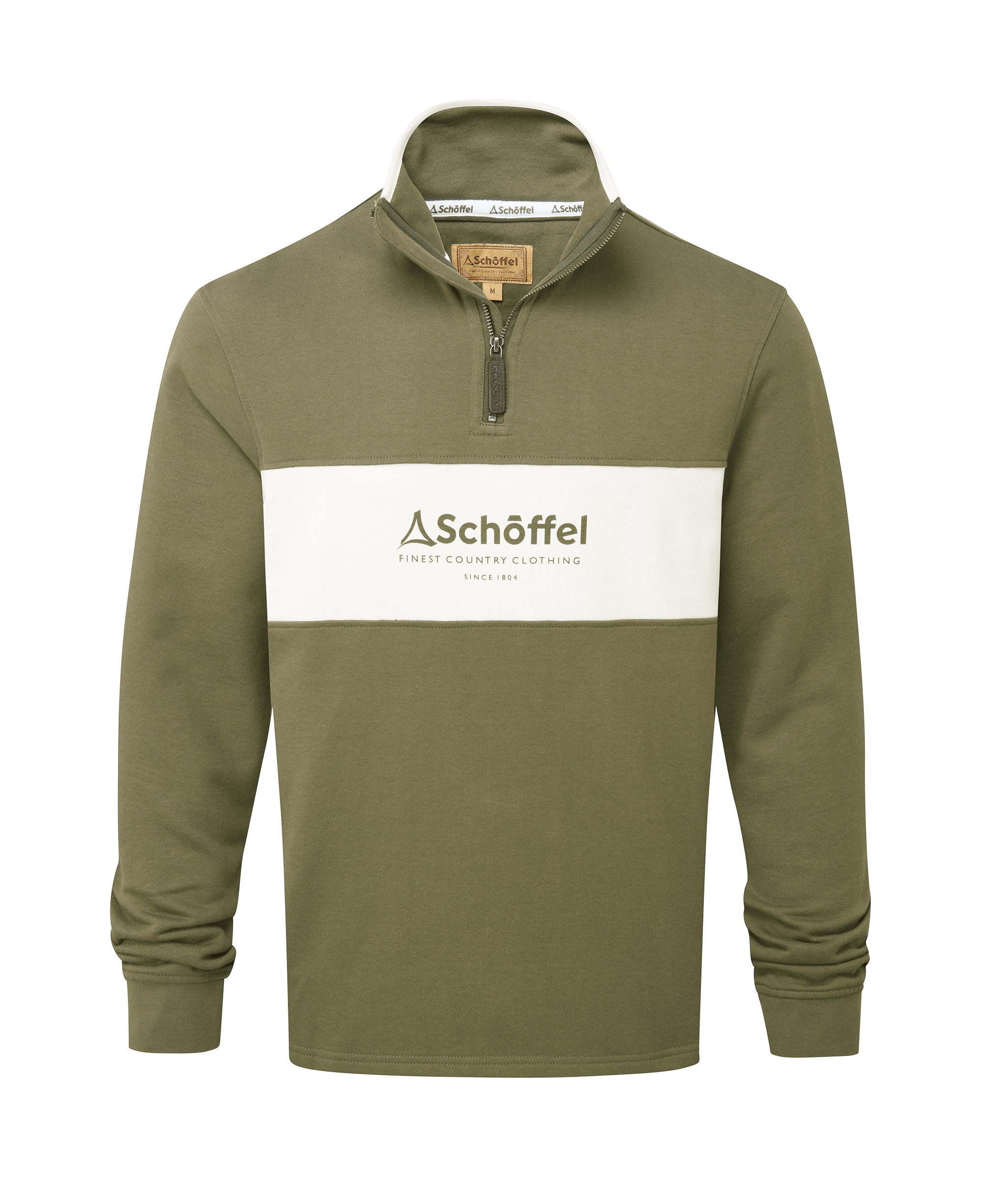 Schöffel men's half-zip sweatshirt in olive green with a white chest stripe and printed Schöffel logo branding