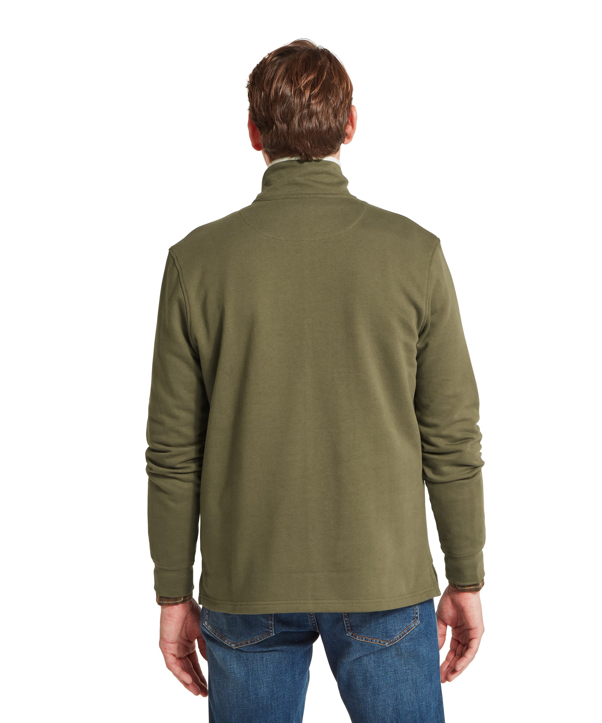 Schöffel Men's Trencrom ¼ Zip in olive green — rear view showing clean olive back panel with stand collar and ribbed hem, worn with blue jeans