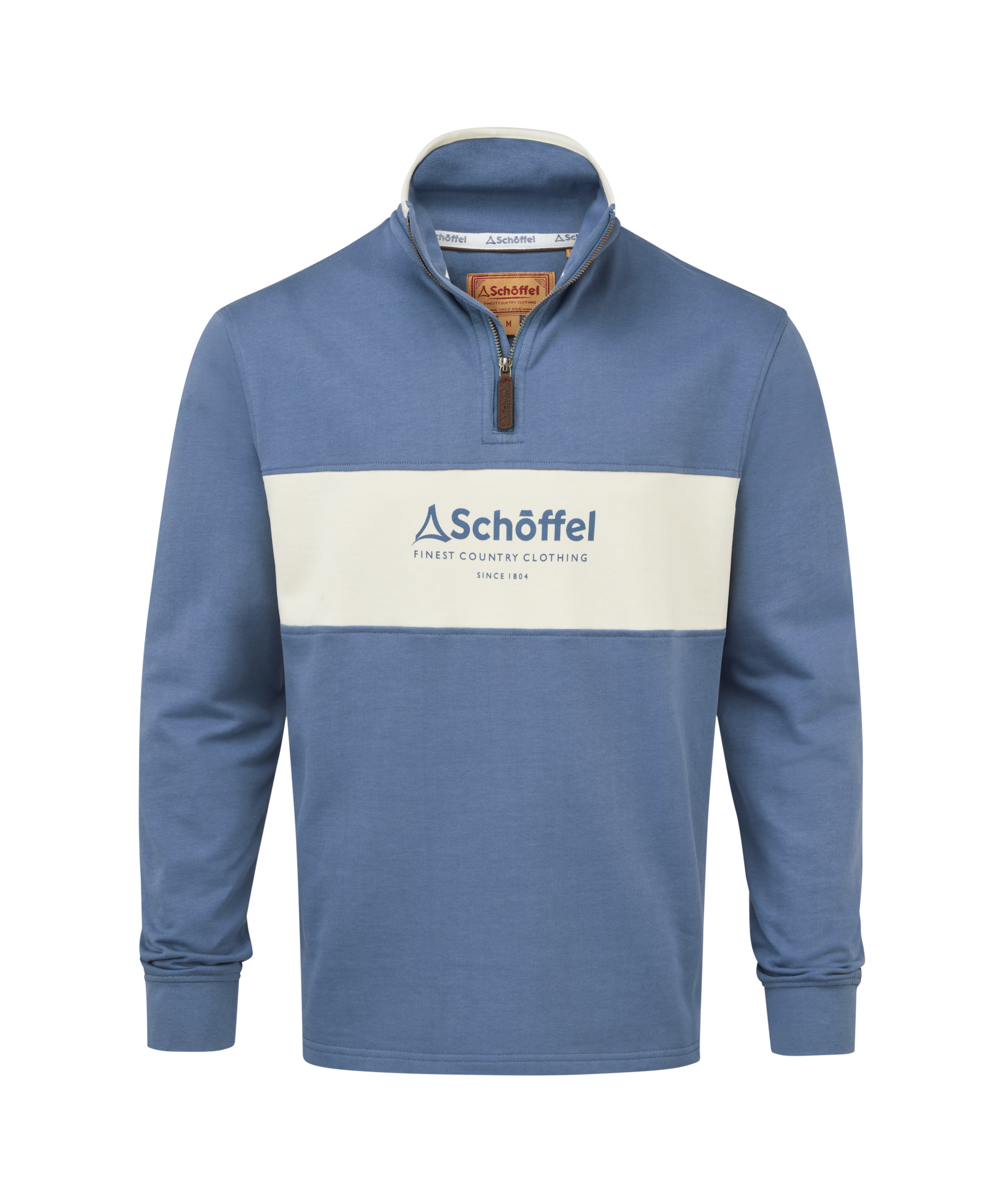Blue long-sleeve shirt with a white stripe featuring Schöffel logo on a white background