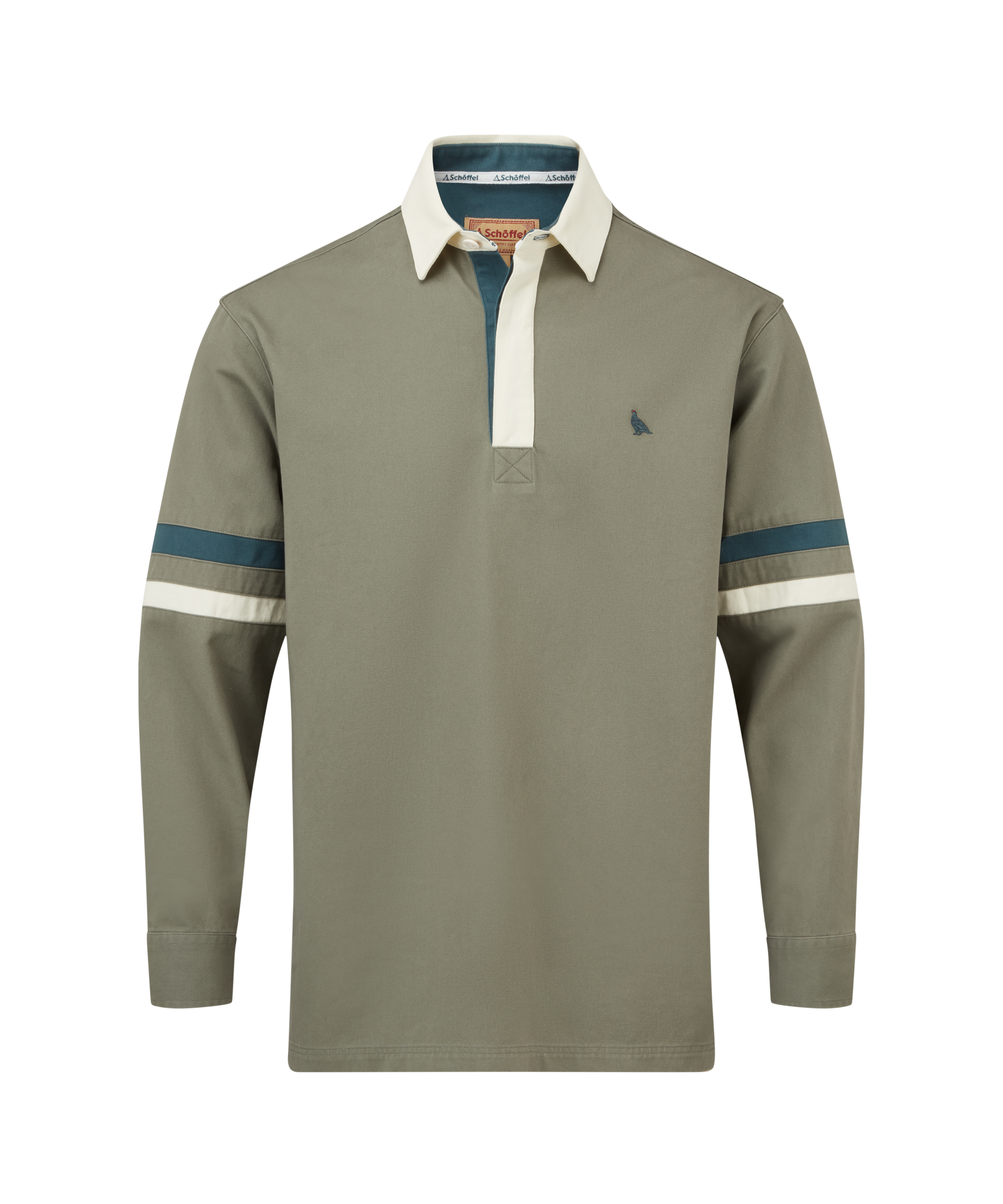 Long-sleeve polo shirt with small ptarmigan logo on a white background