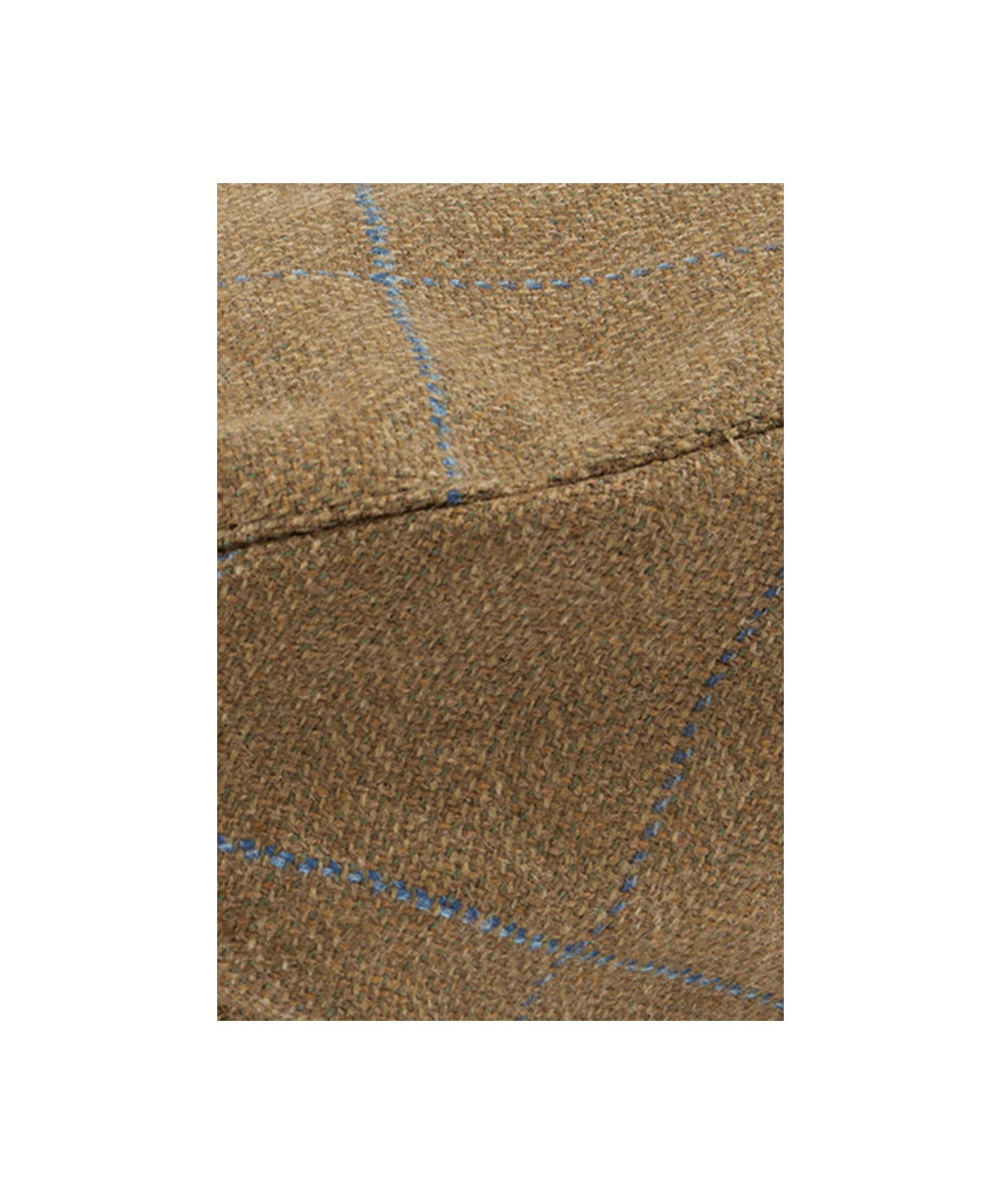 Schöffel Men's Tweed Classic Cap in Tan with blue windowpane check tweed fabric close-up detail