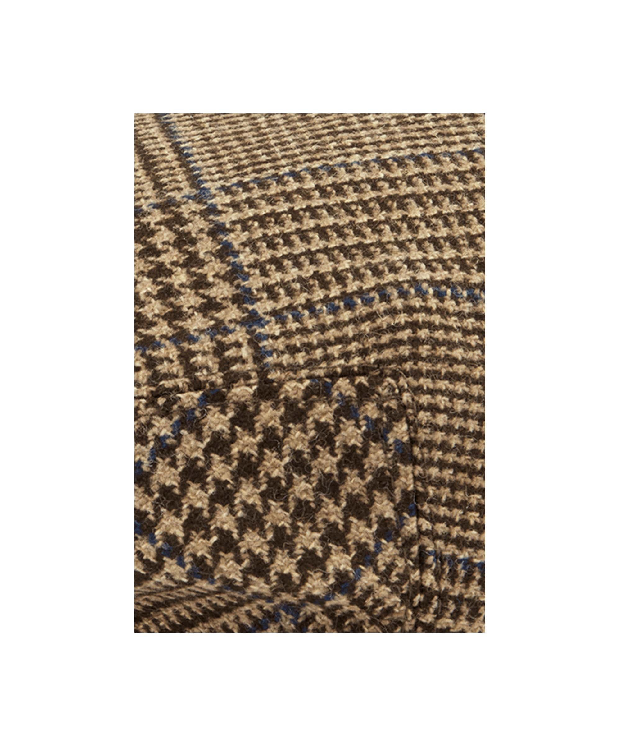 Schöffel Men's Tweed Classic Cap in Brown with blue overcheck tweed fabric close-up detail