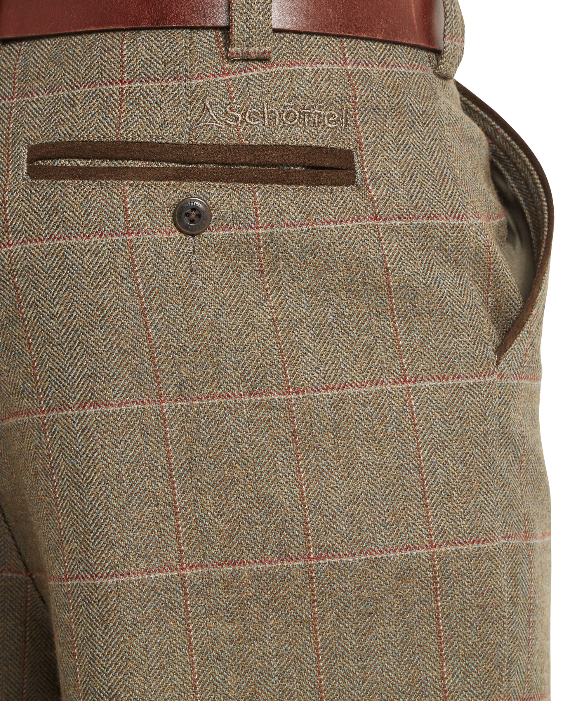 Schöffel Lochlane tweed plus fours in sage green herringbone with red windowpane check — rear view showing velvet-trimmed back pocket with button fastening and brown leather belt