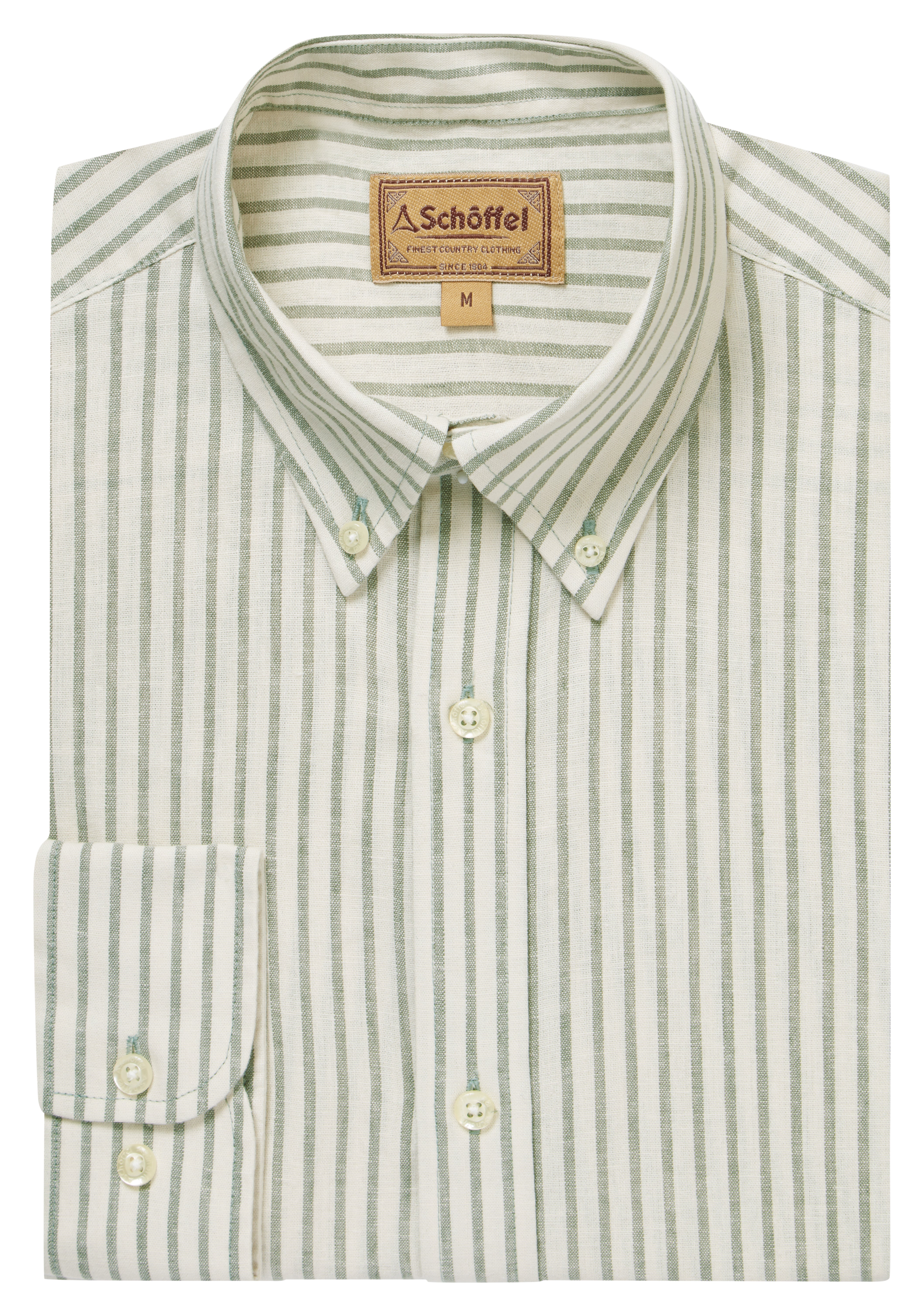 Green and white striped shirt with Schottel label on a white background