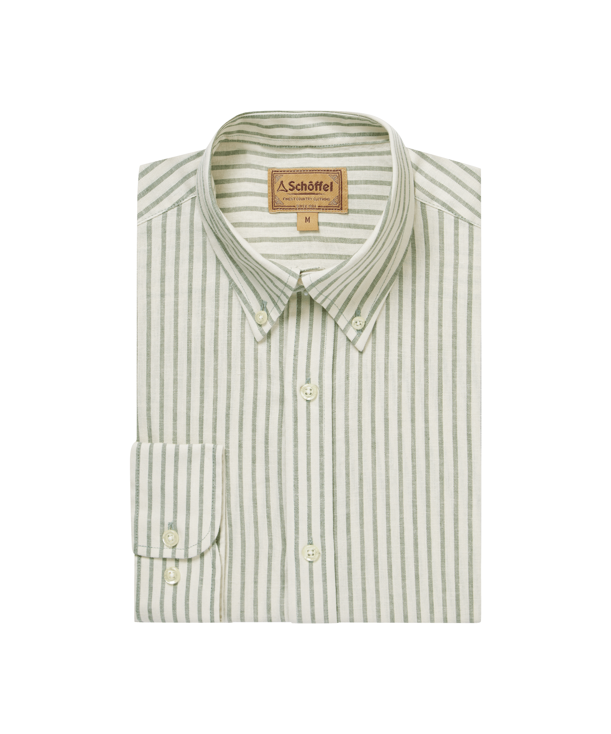 Green and white striped shirt with a brand label on a green background