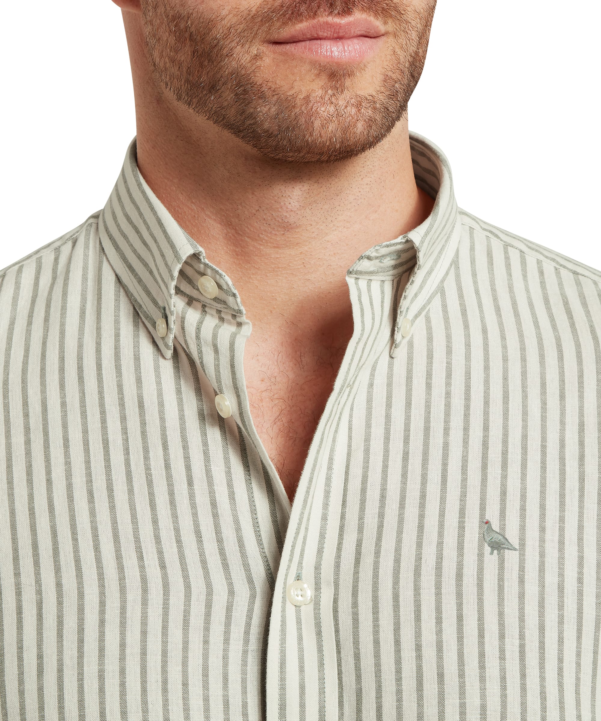 Close-up of a man wearing a light green striped Schoffel Men's Walsingham Linen  shirt with a small logo on the chest