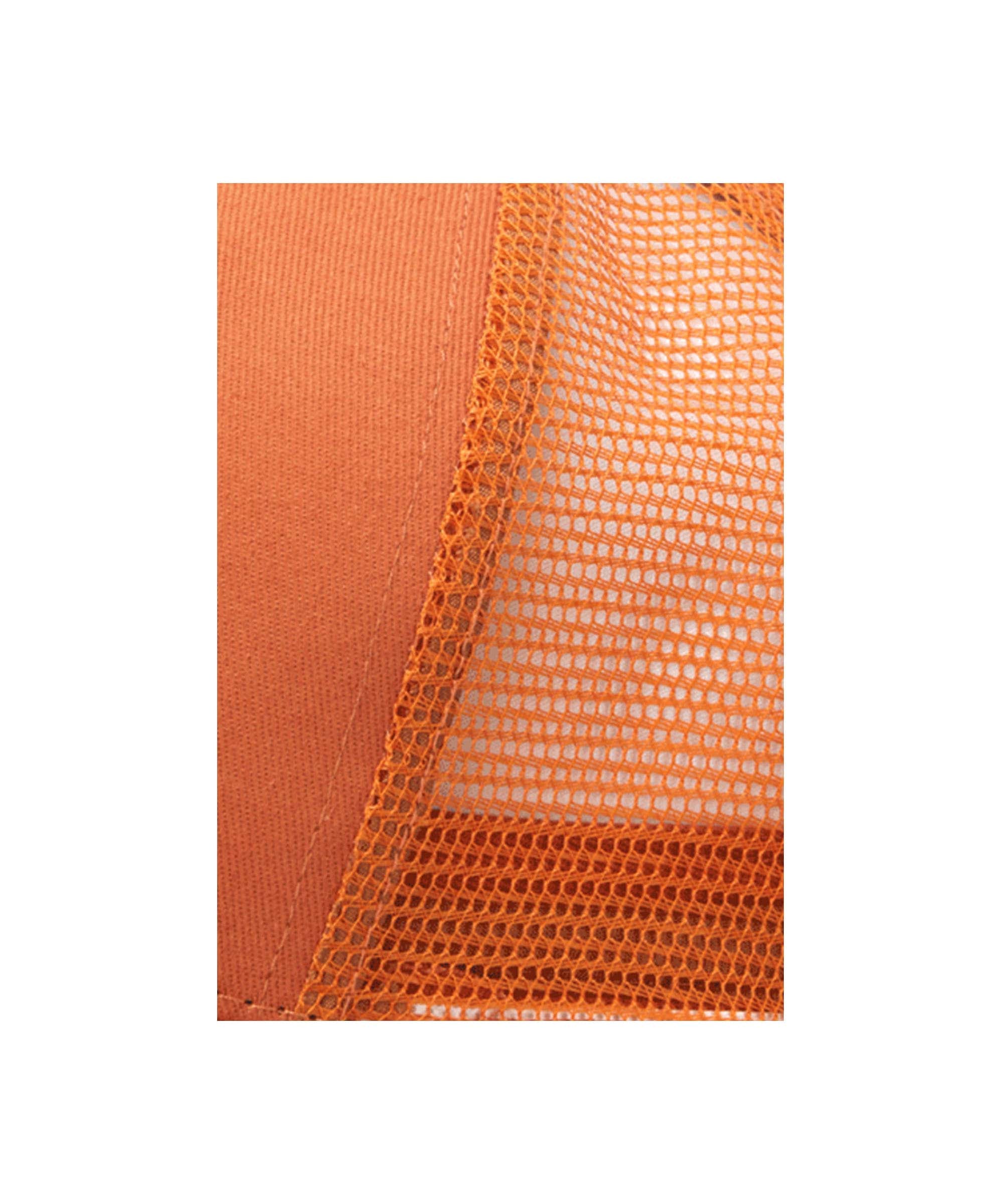 Schöffel Unisex Fly Fishing Trucker Cap in Orange close-up showing structured panel and mesh back detail.