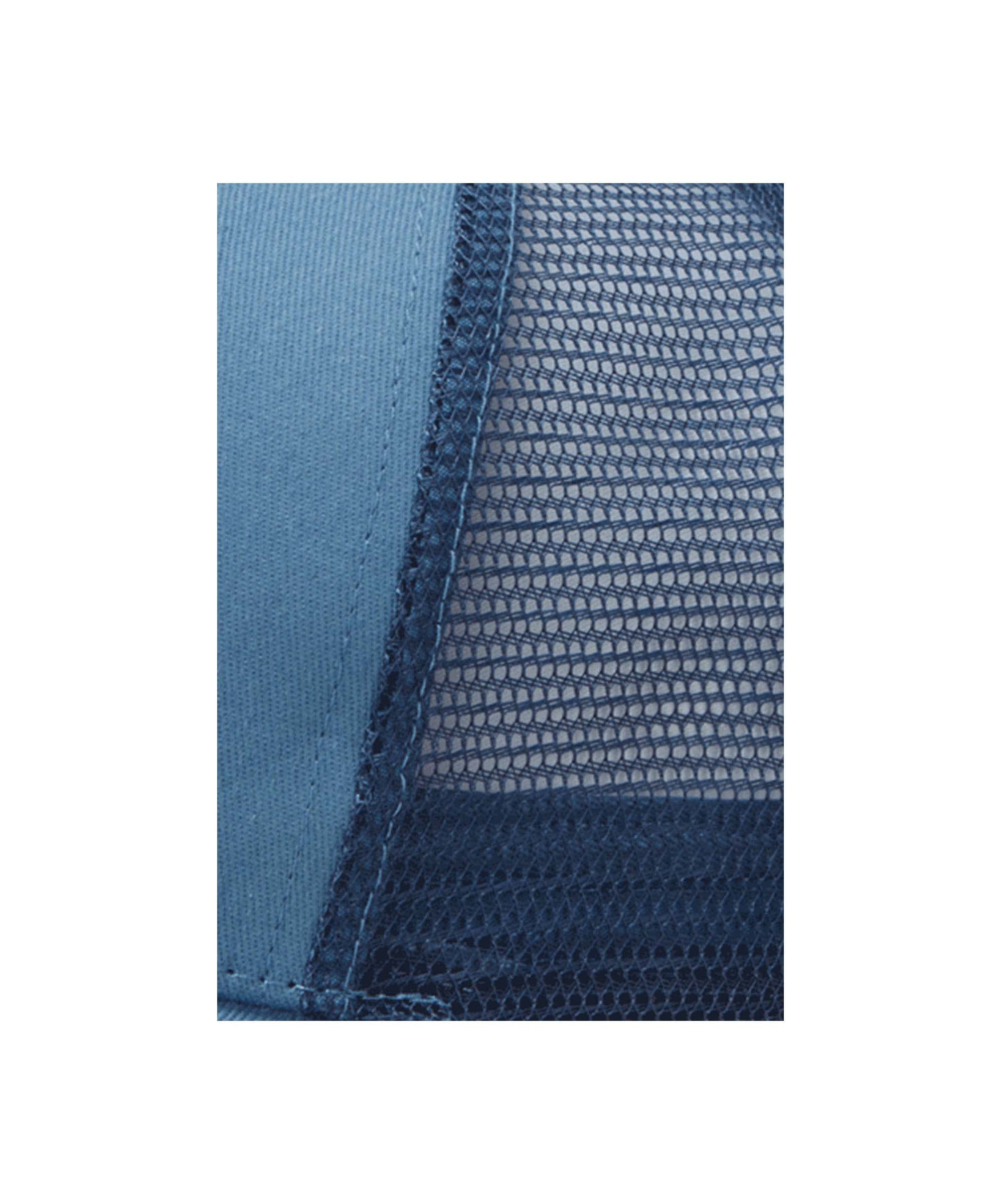 Schöffel Unisex Fly Fishing Trucker Cap in Blue close-up showing structured panel and mesh back detail