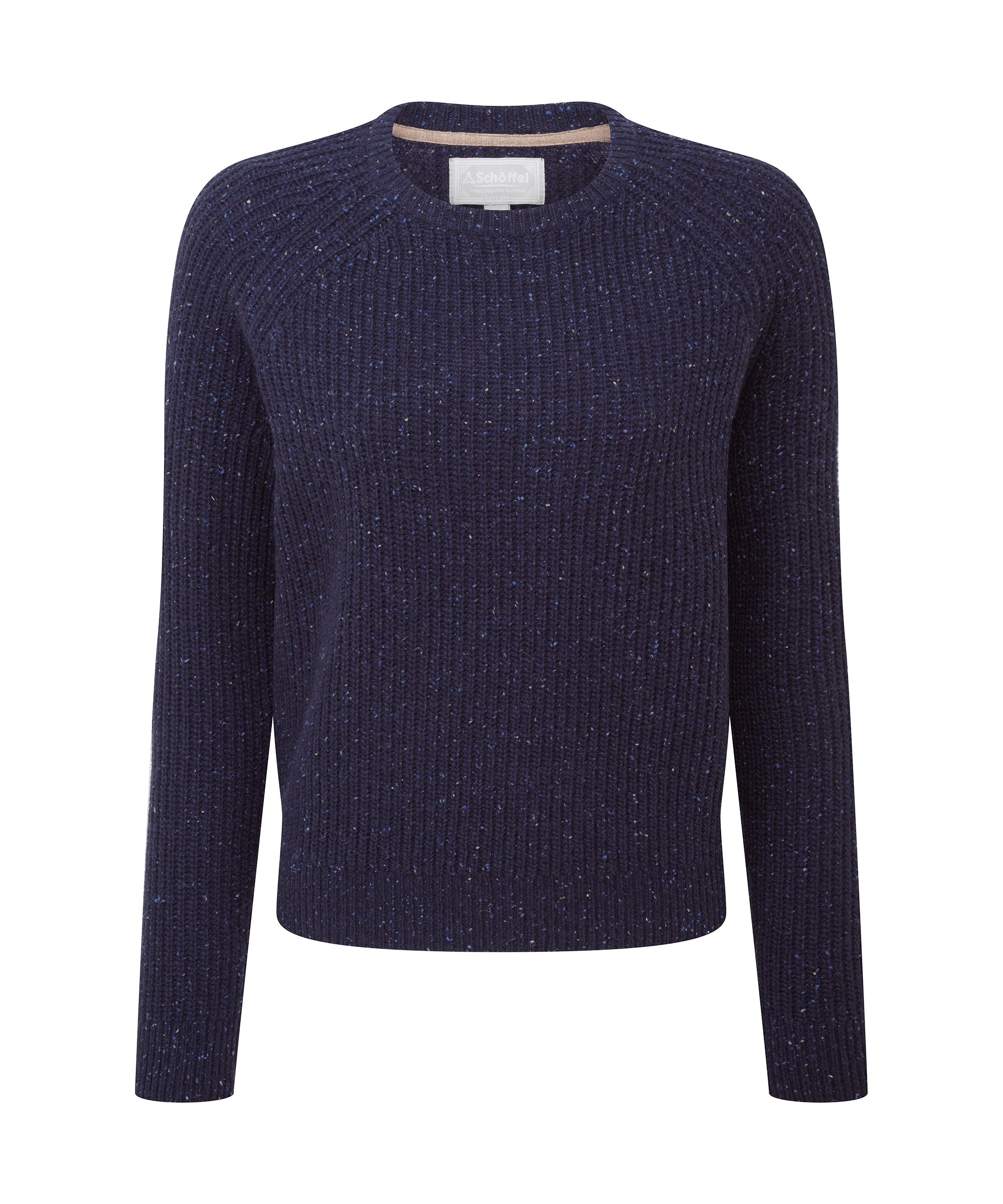 Schöffel Women's Balmaha Jumper in Blue — ribbed crew-neck knit in deep navy with flecked yarn texture and raglan sleeves, a beautifully crafted and versatile country jumper