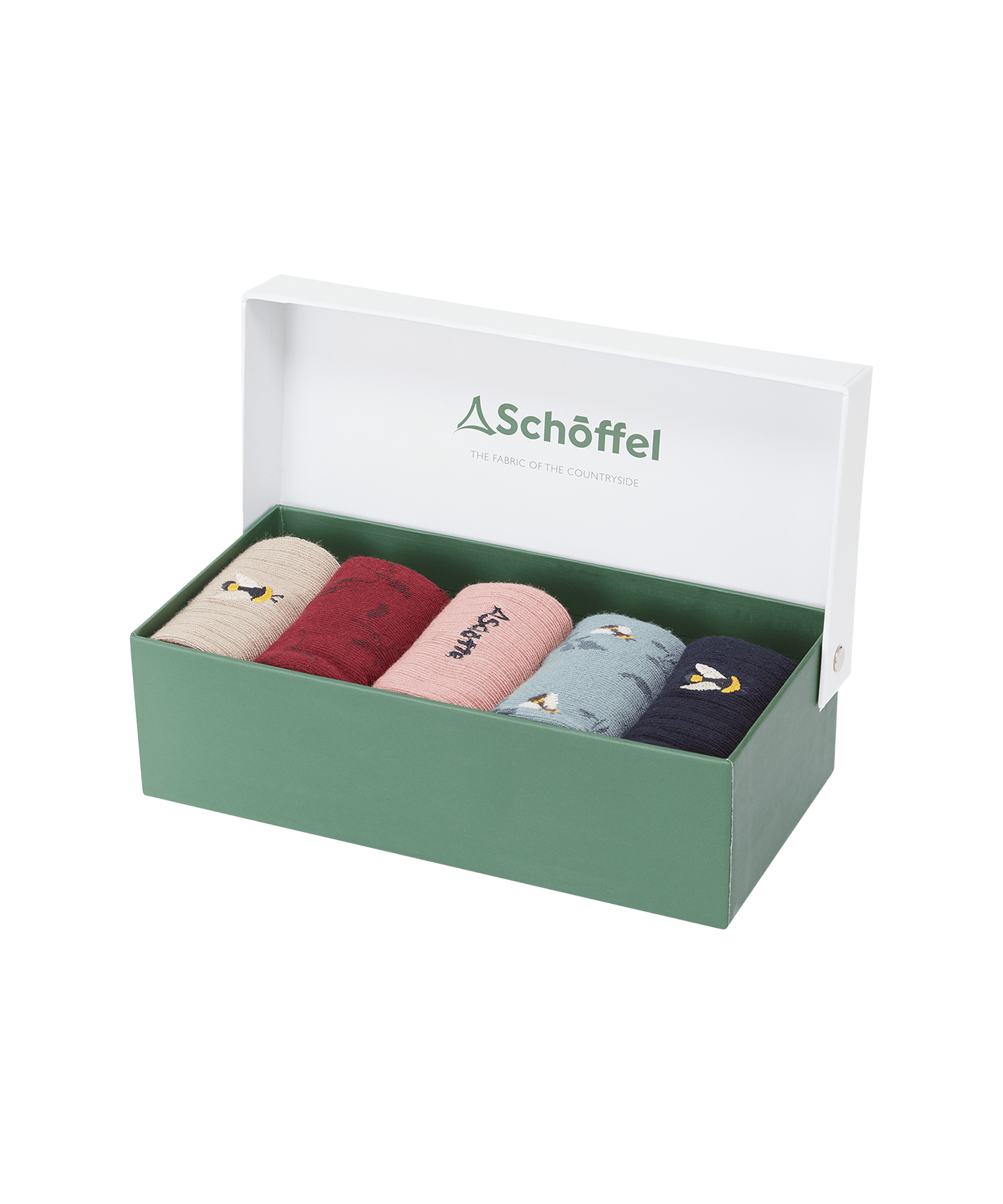 Set of socks in a Schöffel branded git box on a white background
