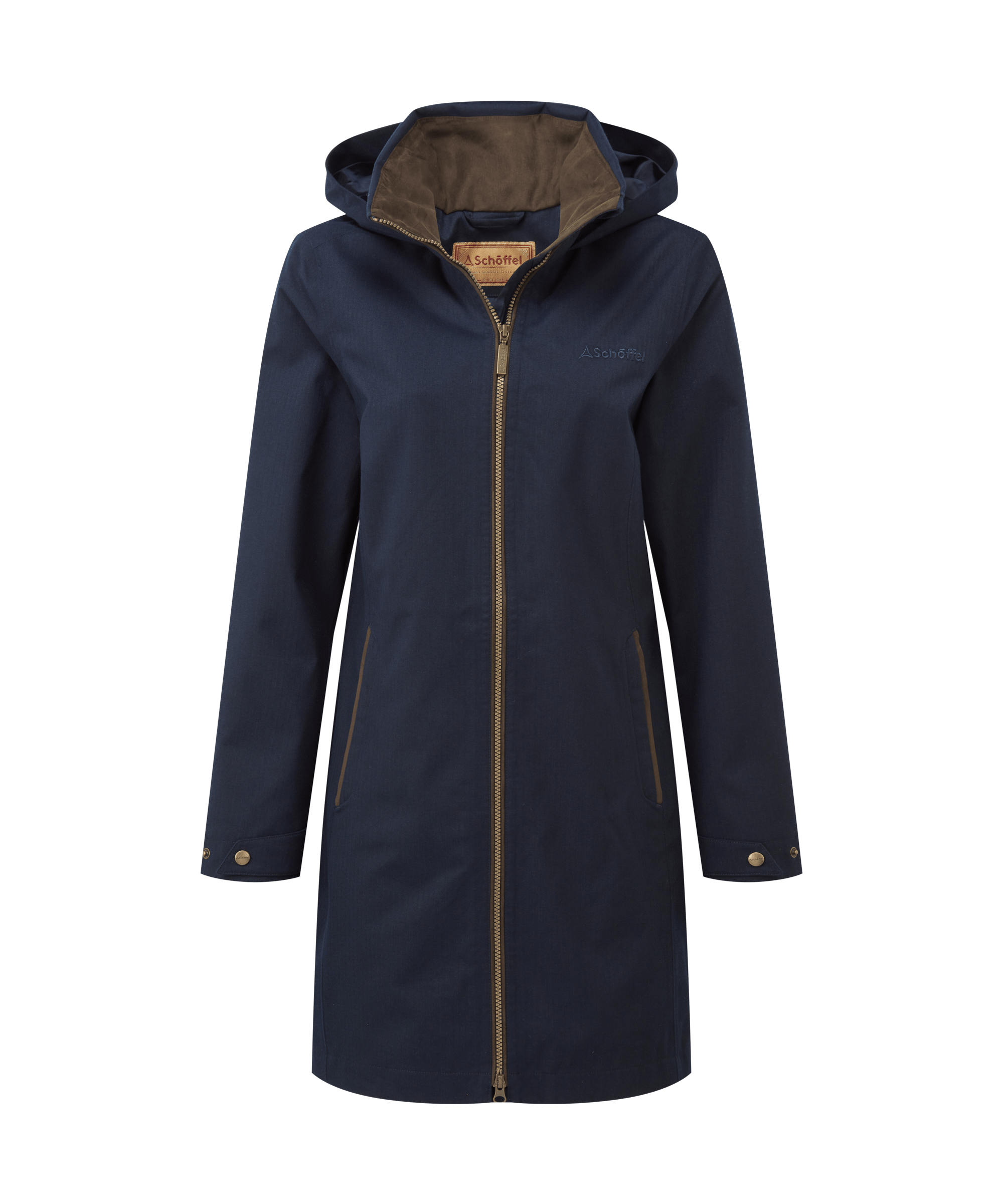 Navy blue coat with a hood on a white background
