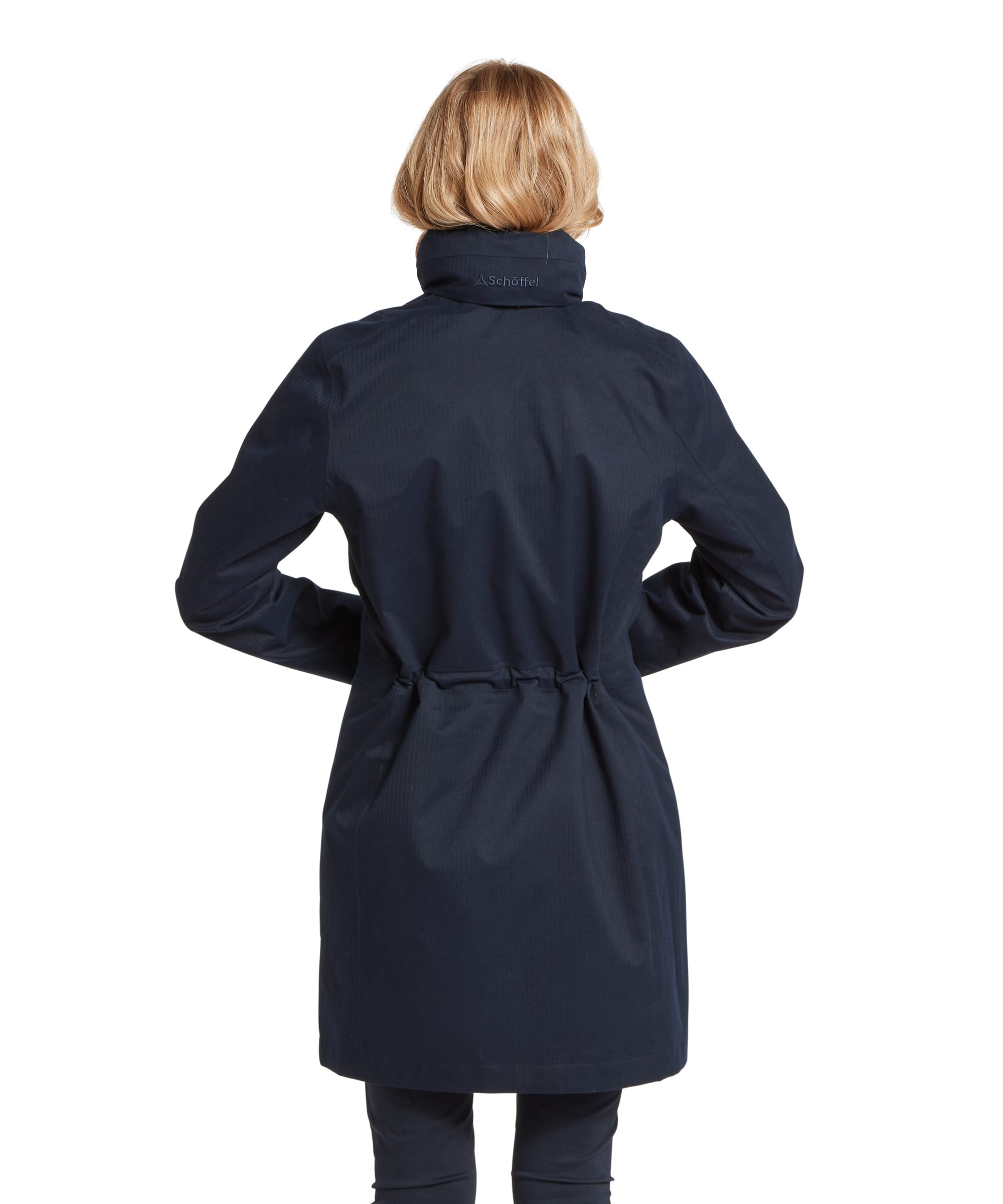 Schöffel Women's Allexton Waterproof Coat in navy herringbone, rear view showing the drawcord waist, longline cut and embroidered Schöffel logo on the collar