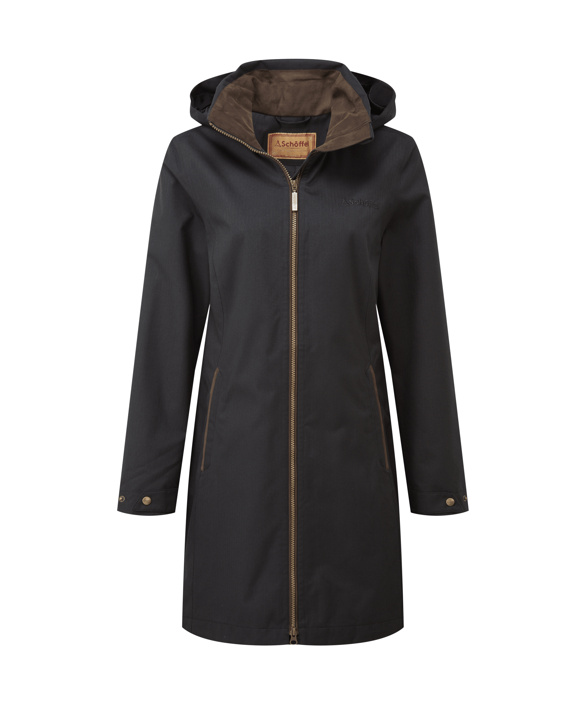 Schöffel Women's Allexton Waterproof Coat in Black — tailored mid-length waterproof coat in black with detachable hood, antique brass zip and contrast tan detailing, built for the great British outdoors