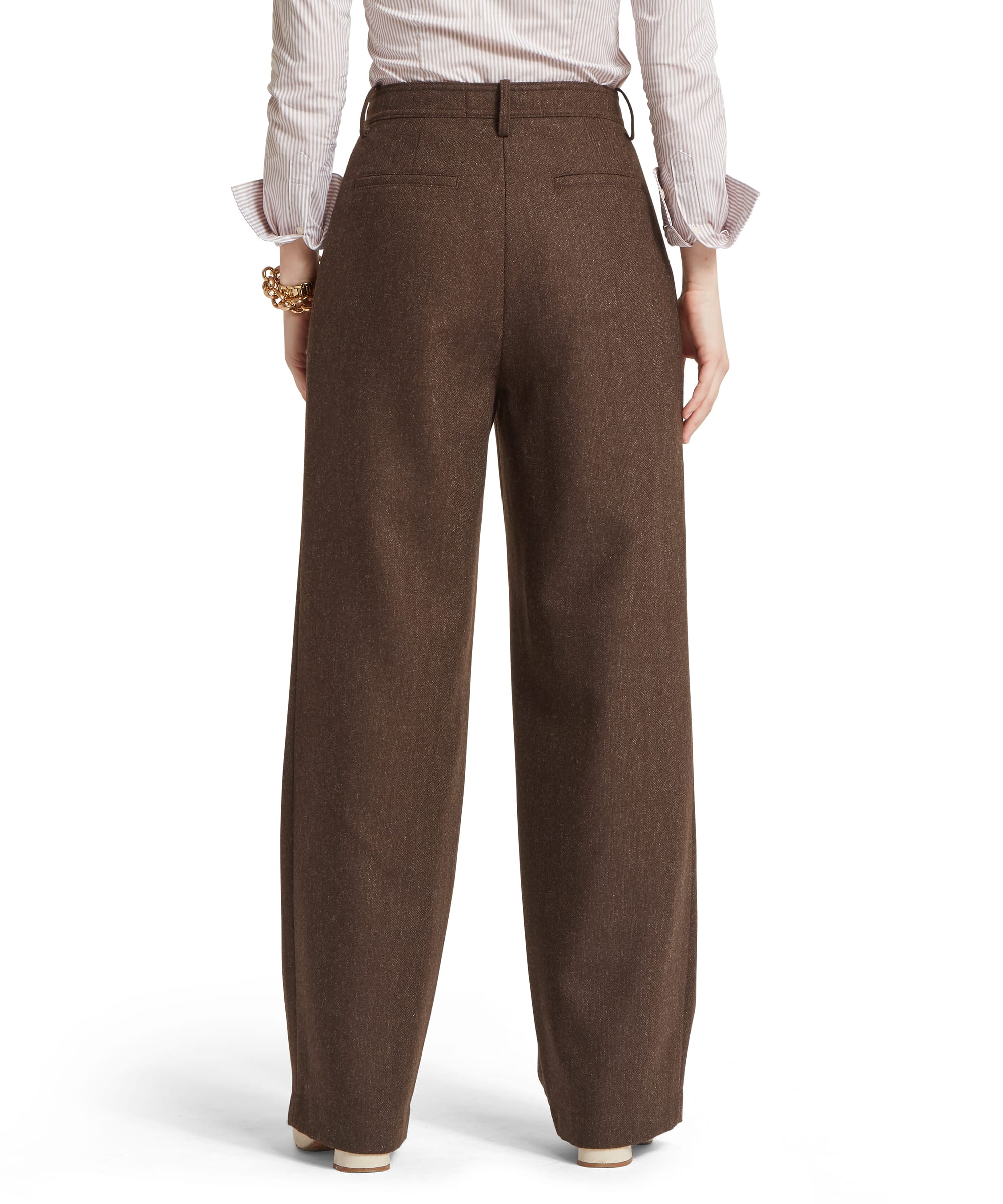 Schöffel Women's Arabella Tweed Trousers in Brown — rear view showing clean wide-leg silhouette and welt pocket detail