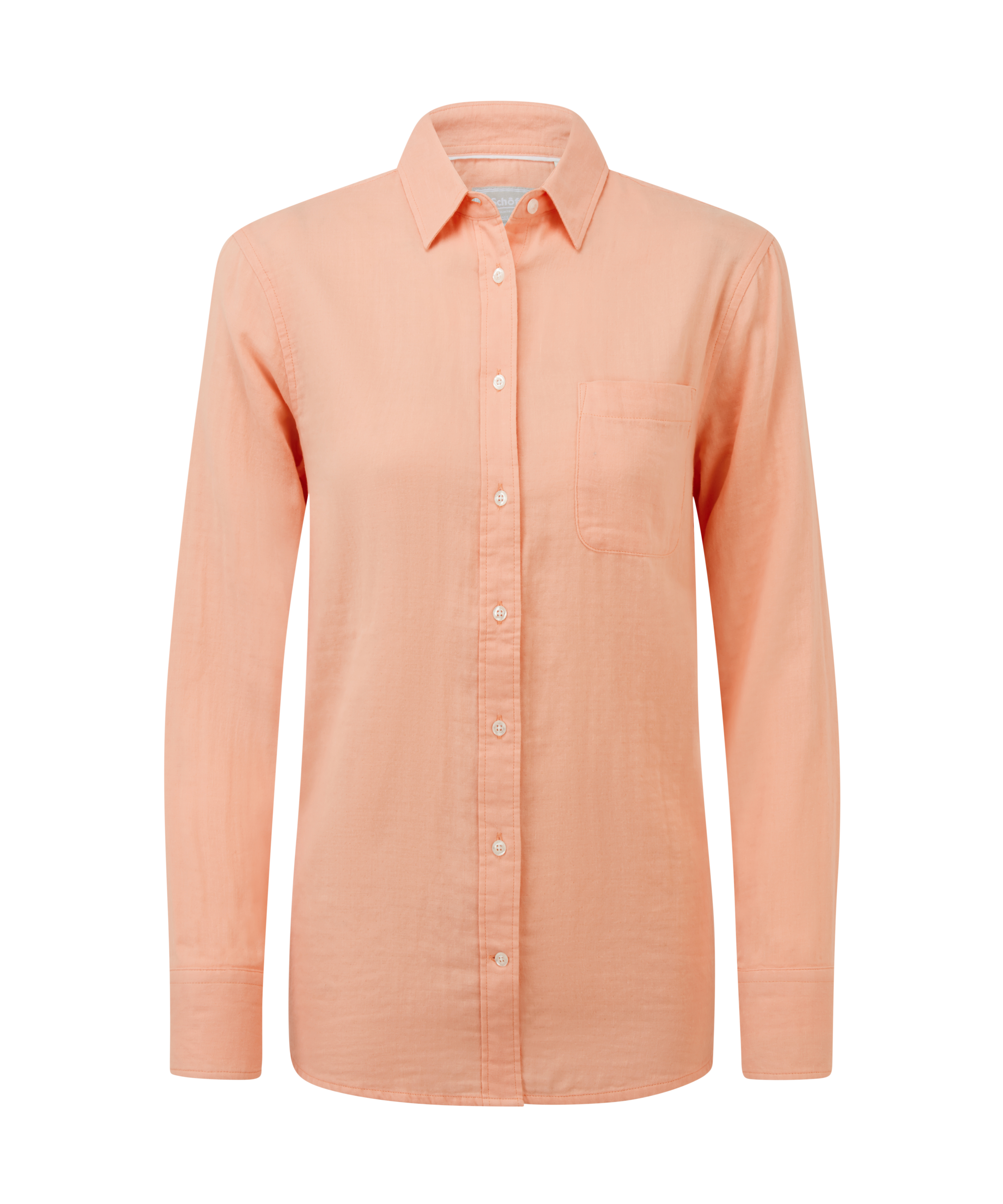 Peach-colored button-up shirt on a white background