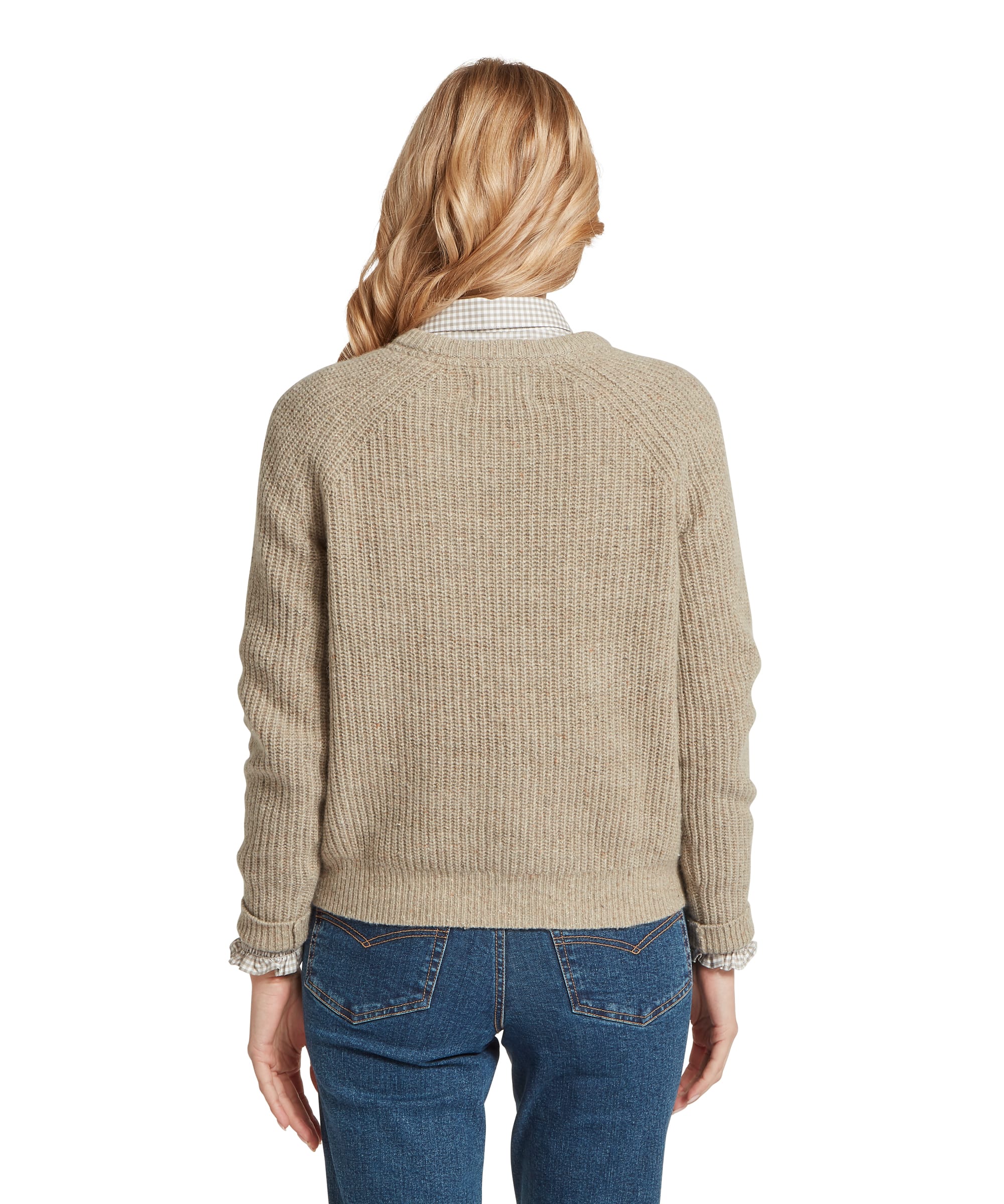 Schöffel Women's Balmaha Jumper in oatmeal cream, rear view showing ribbed knit texture across the back panel, raglan sleeve construction, and ribbed hem and cuffs, styled with a grey gingham collar visible at the neck and blue jeans