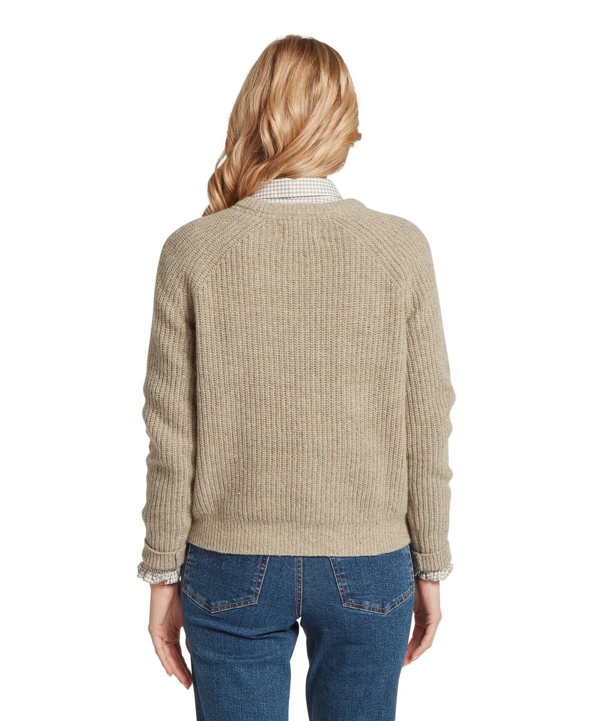 Women’s balmaha jumper oatmeal beige ribbed knit sweater with contrasting checkered cuffs and hem