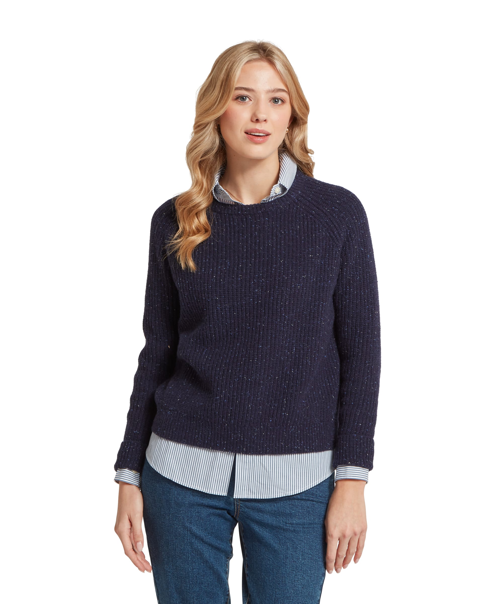 Schöffel Women's Balmaha Jumper in Navy — front view of ribbed donegal knit with crew neck, layered over a stripe shirt