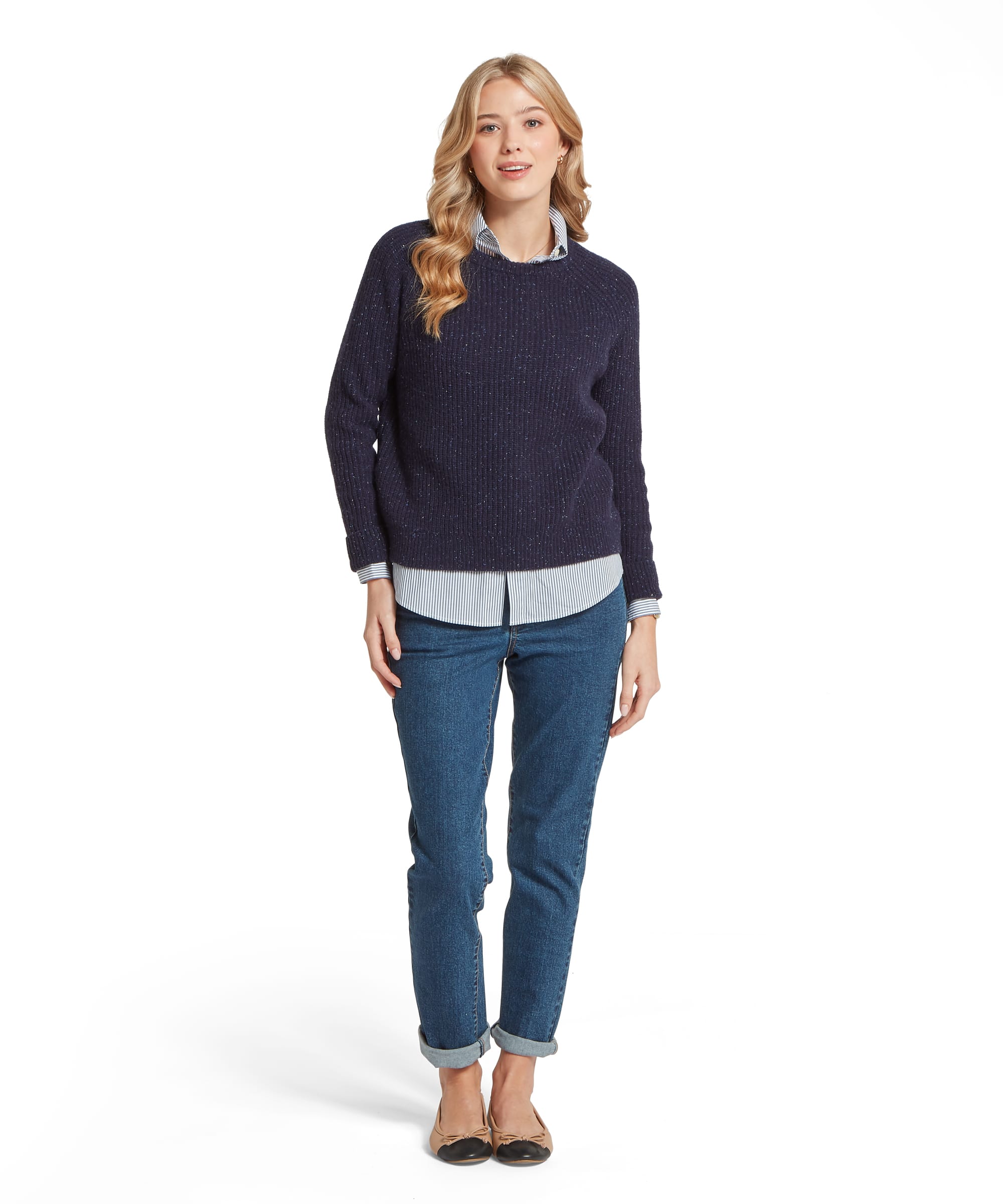 Schöffel Women's Balmaha Jumper in Navy — full-length view styled with straight-leg jeans and ballet flats