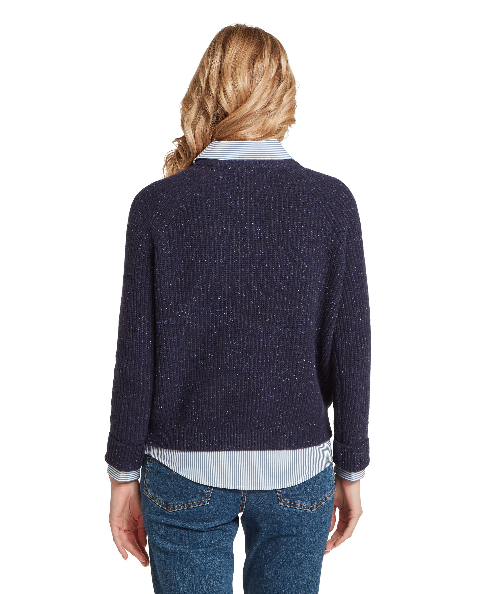 Schöffel Women's Balmaha Jumper in Navy — rear view showing cropped ribbed knit silhouette and raglan sleeve detail