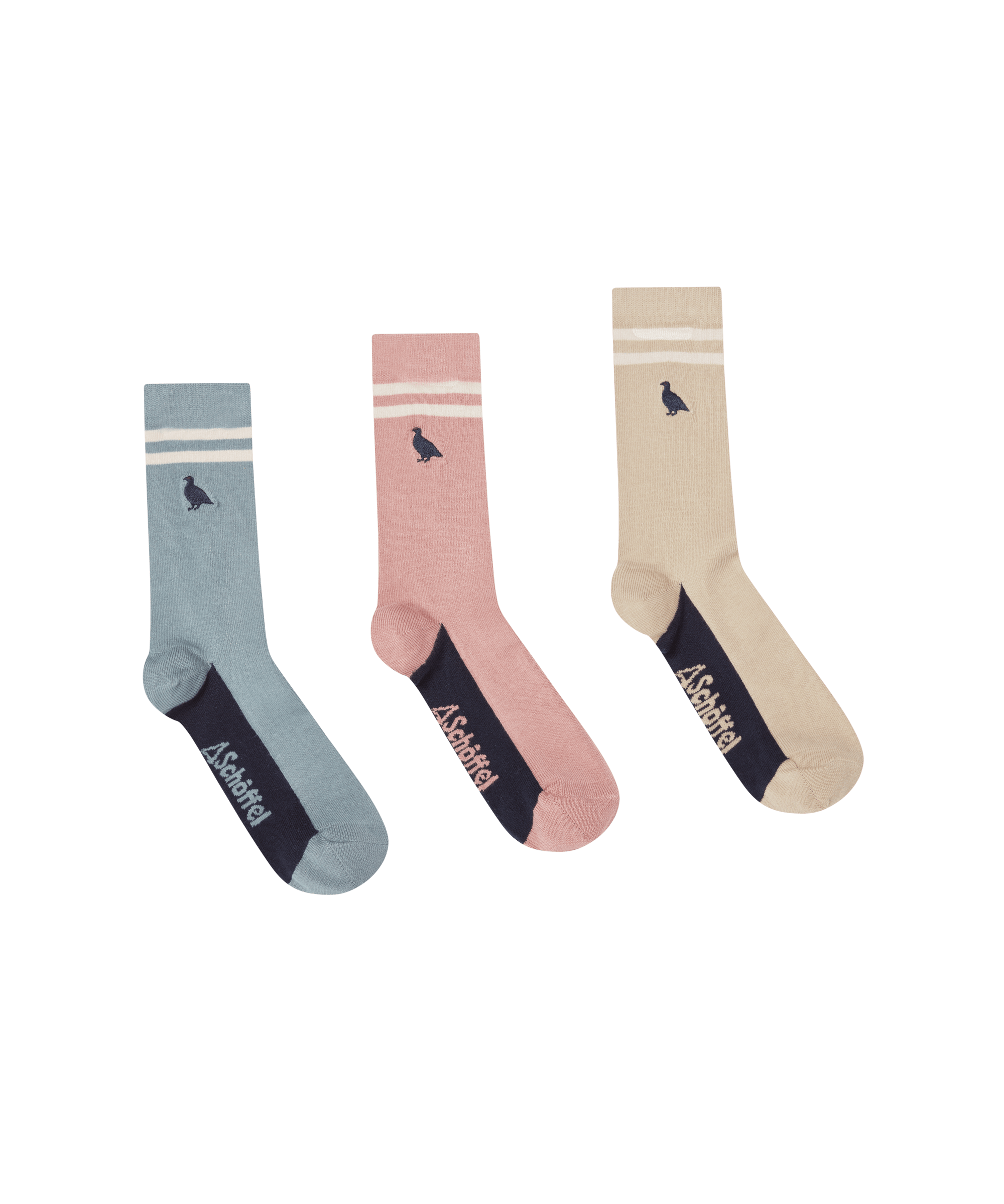 Three pairs of socks in blue, pink, and beige with branding on a white background