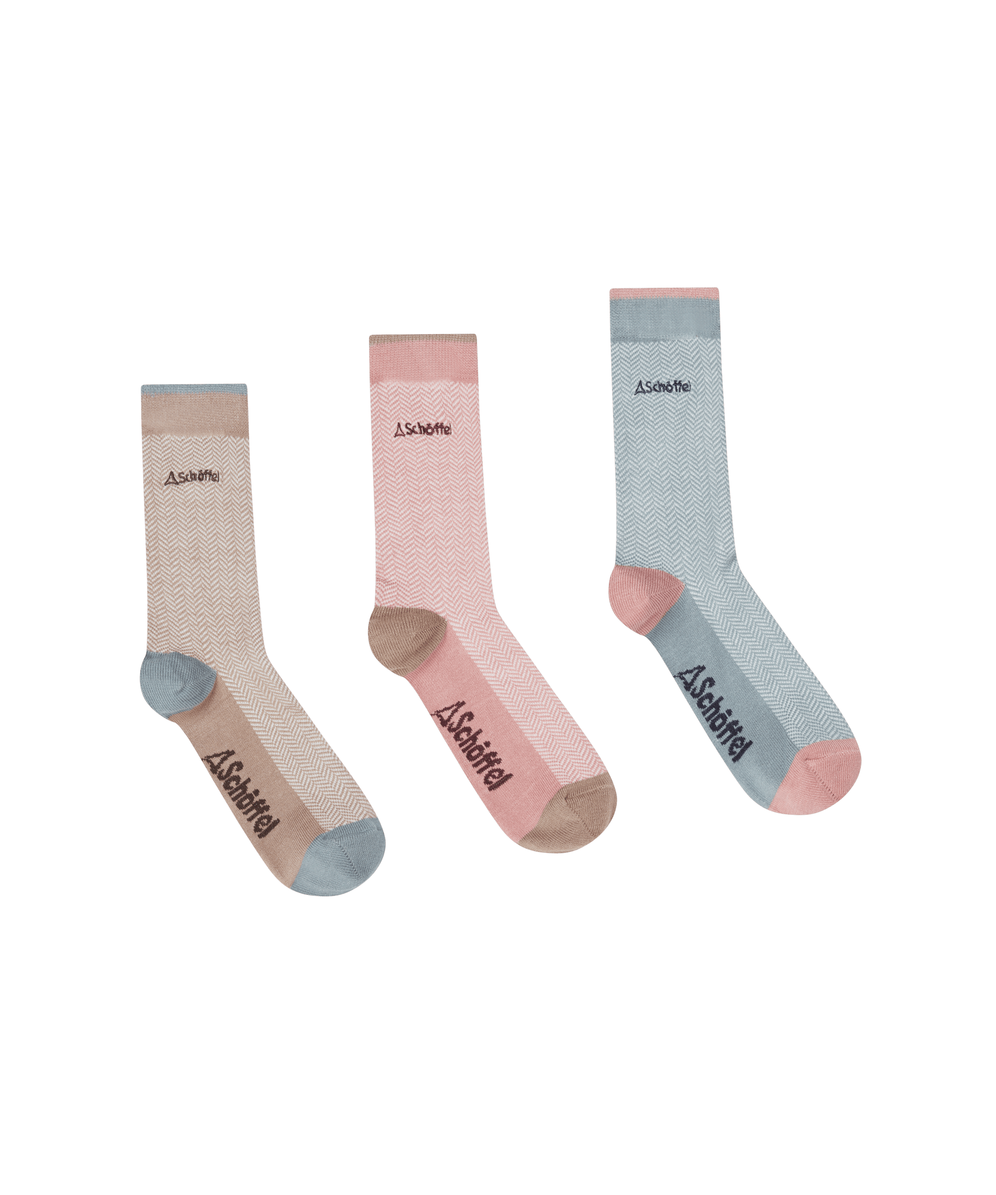 Three pairs of socks in beige, pink, and blue on a white background