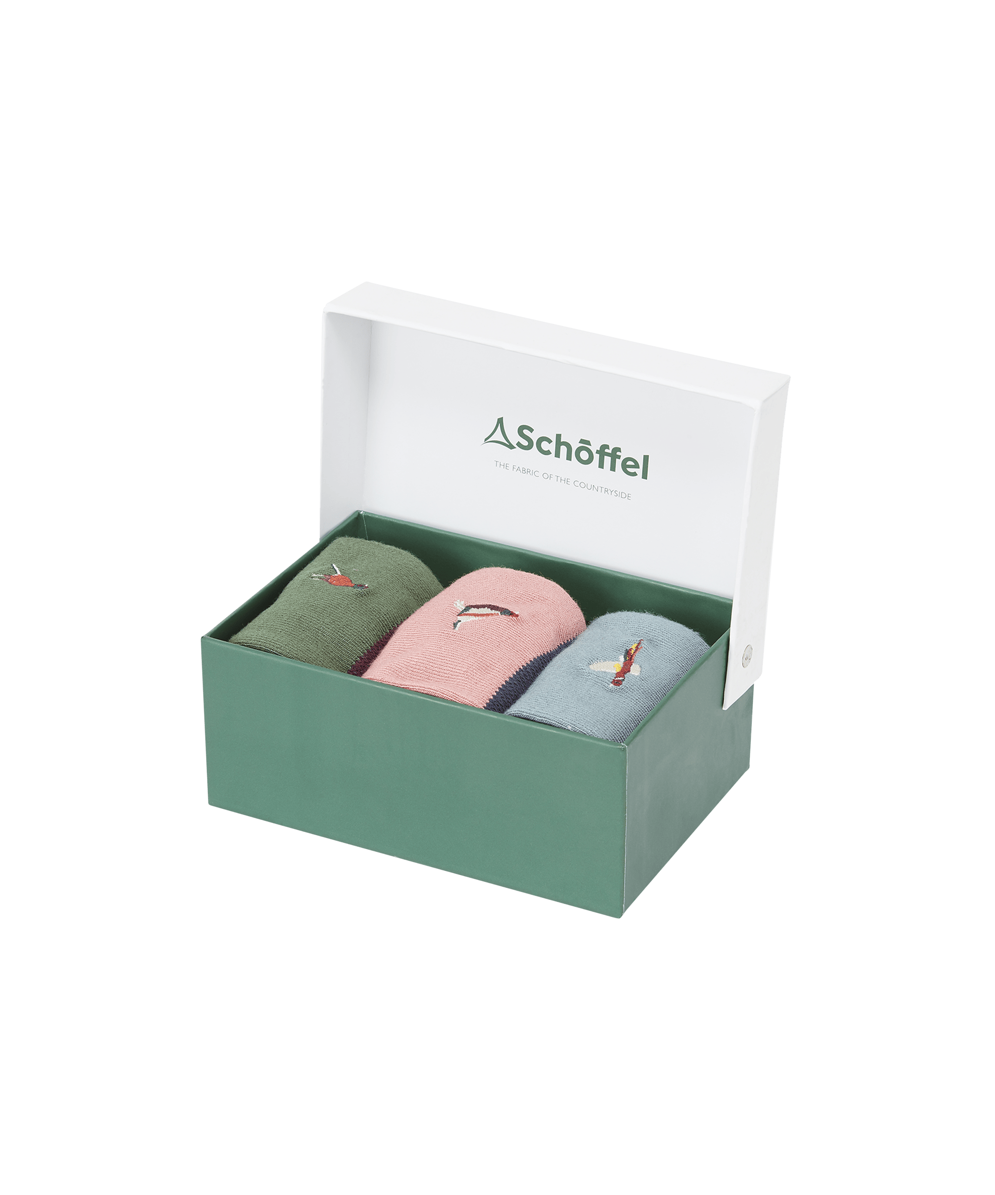Schöffel branded gift box containing three pairs of knitted socks in sage green, blush pink, and pale blue, each with a small embroidered pheasant motif, presented in a green gift box with white Schöffel-branded lid, shown on a white backround