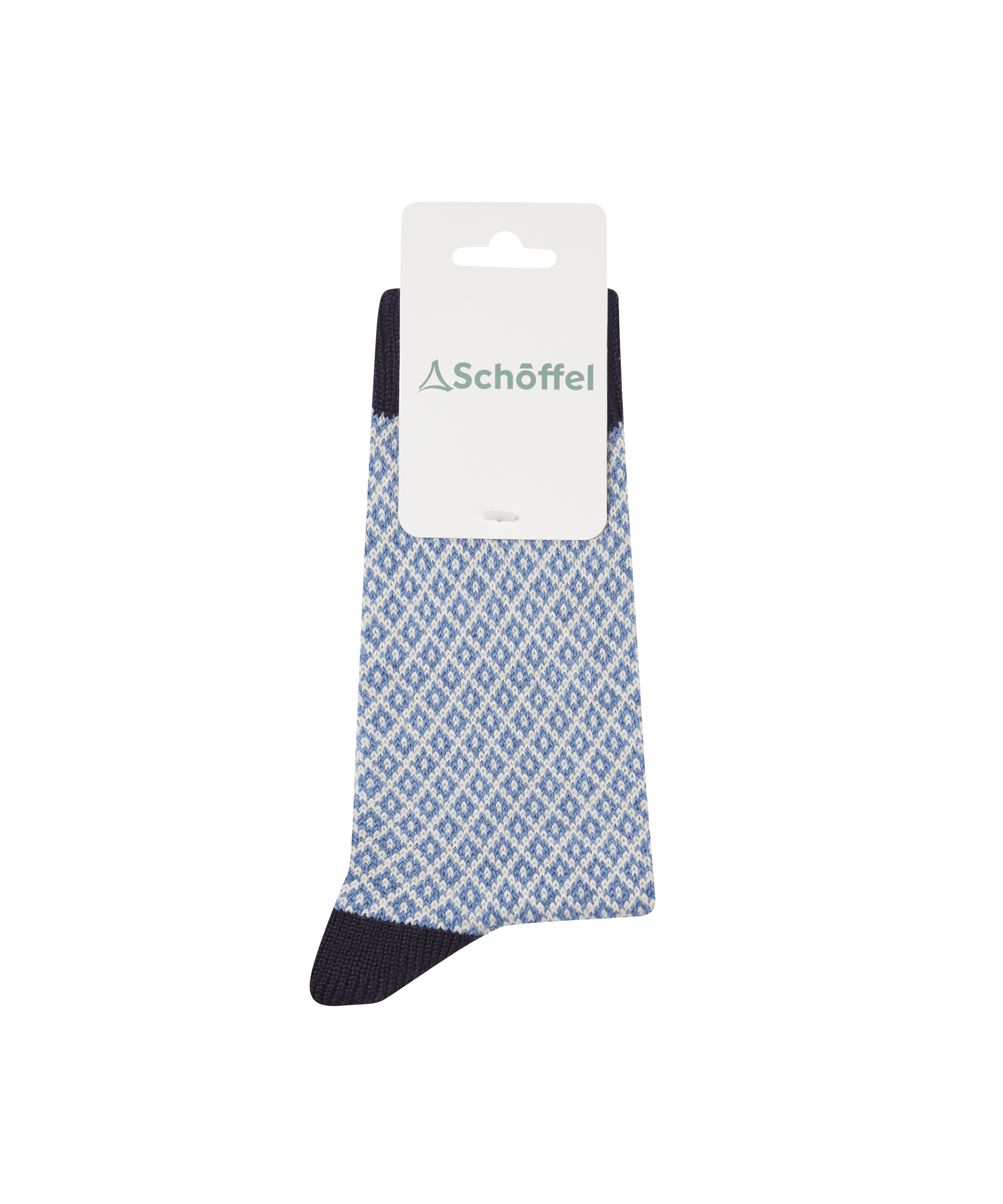 Blue patterned sock with black toes and heels, on a white background