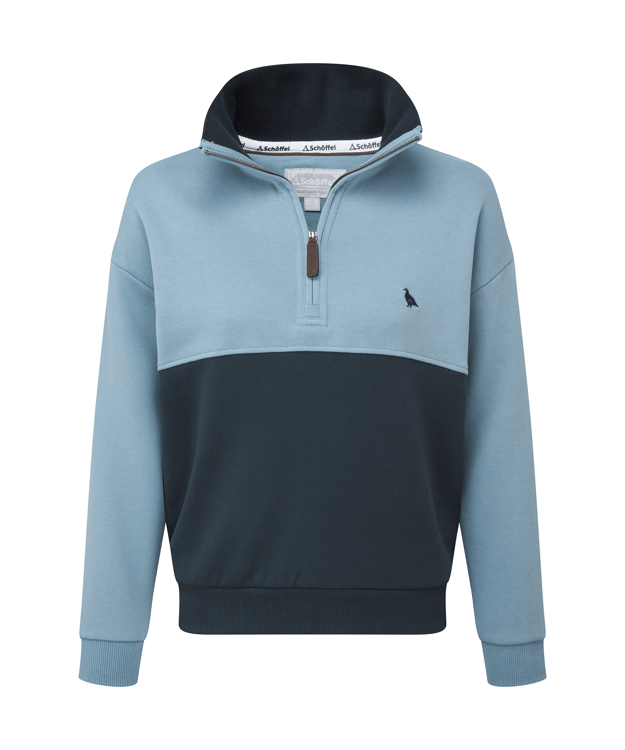 Schöffel Women's Braunton Quarter-Zip Sweatshirt in Blue — colour-block design in sky blue and navy with branded zip pull and ribbed cuffs, perfect for country casual dressing