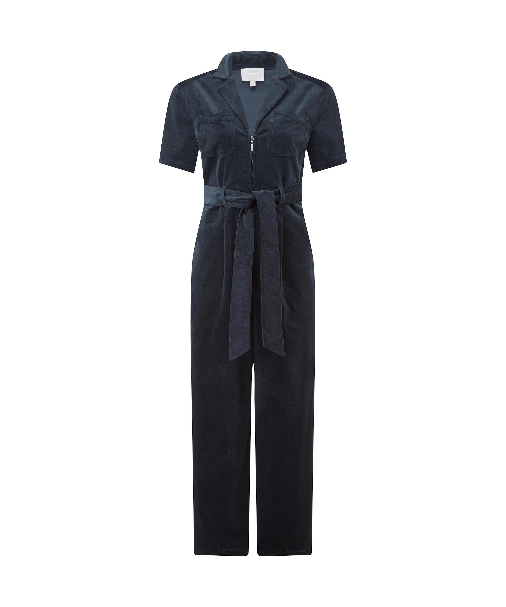 Briar women's navy corduroy zip-front jumpsuit with tie waist and short sleeves