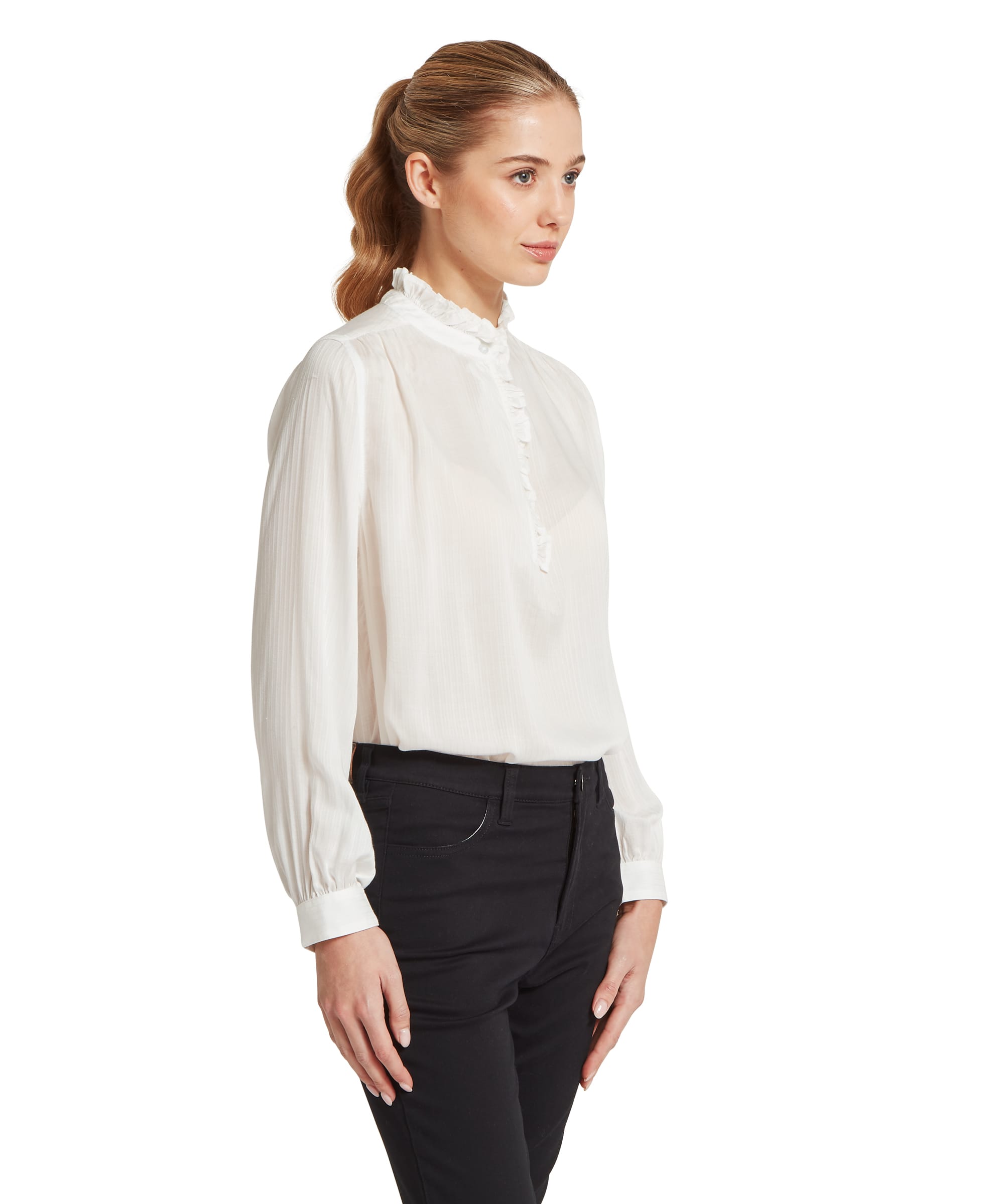 Schöffel Women's Chelsworth Blouse in white, side view highlighting the gathered shoulder seam, semi-sheer woven fabric with tonal stripe texture, ruffle collar and fitted elasticated cuff
