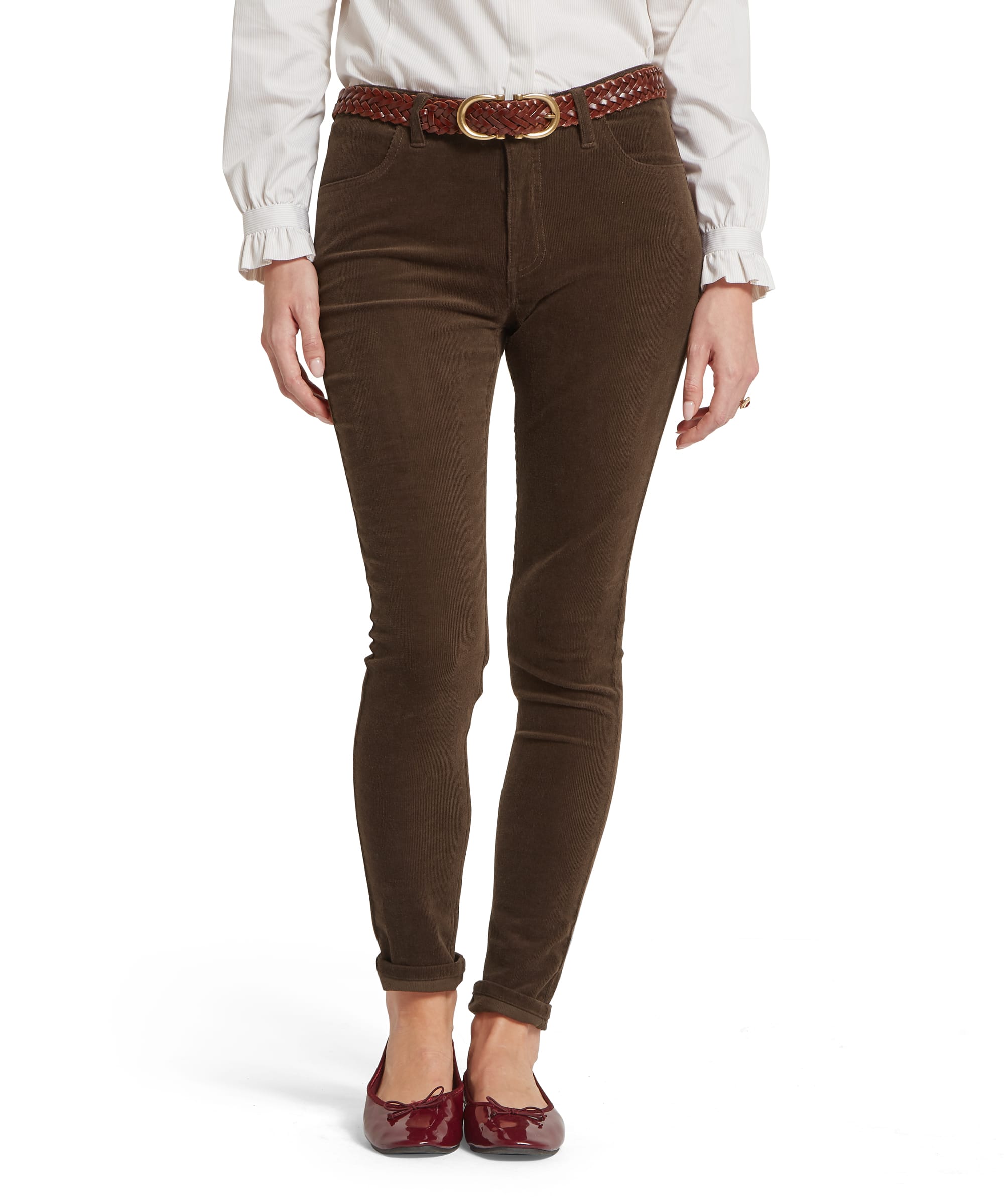 Schöffel Women's Clover Cord Jean in Dark Olive — front view of slim-fit corduroy jean with braided leather belt