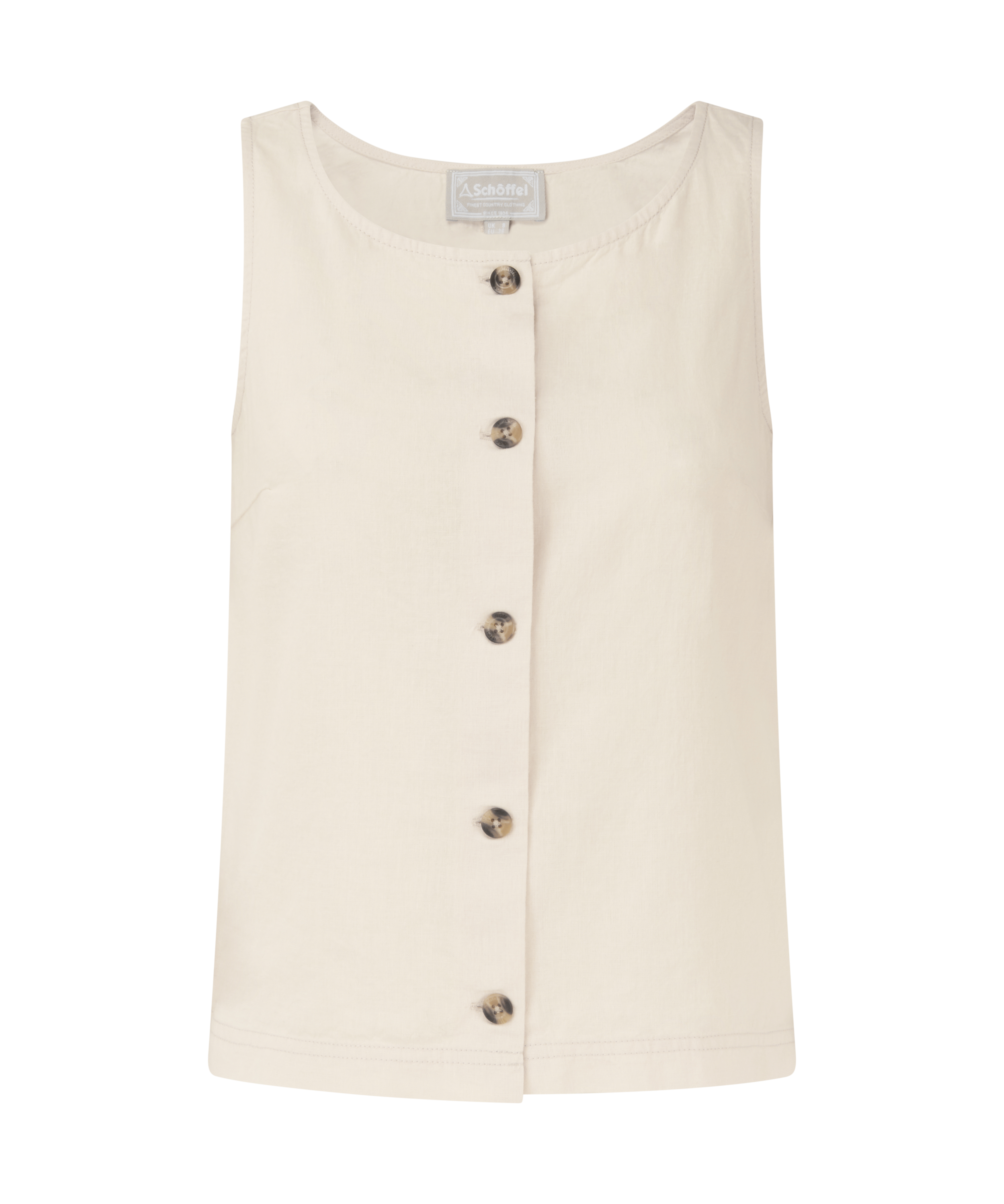 Beige sleeveless button-up top on a white background
