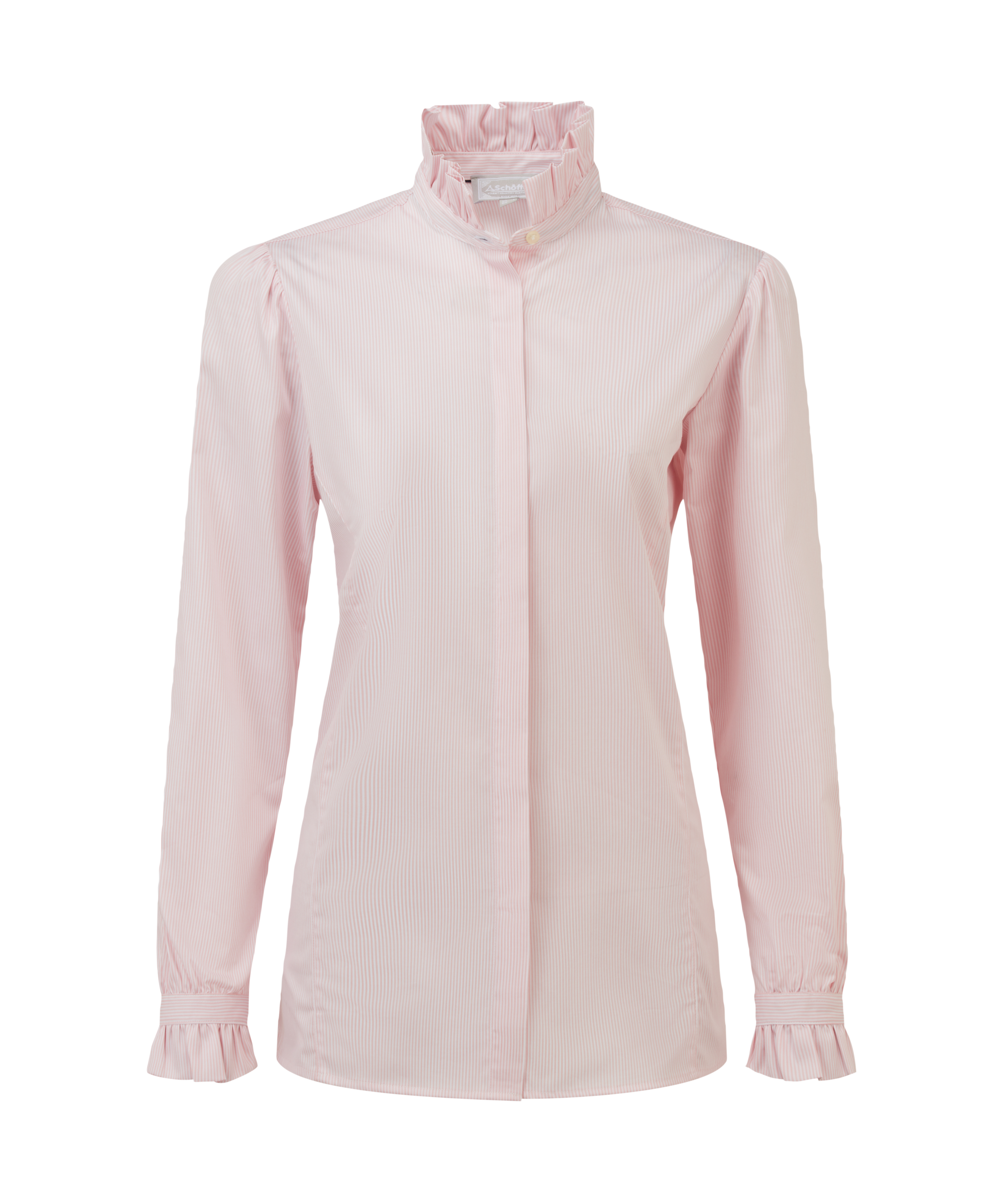 Woman's long-sleeved pink vertically striped blouse  featuring a high ruffled collar and matching ruffled cuffs. The blouse has a concealed button placket for a clean finish, structured shoulders with subtle gathering, and a tailored silhouette.