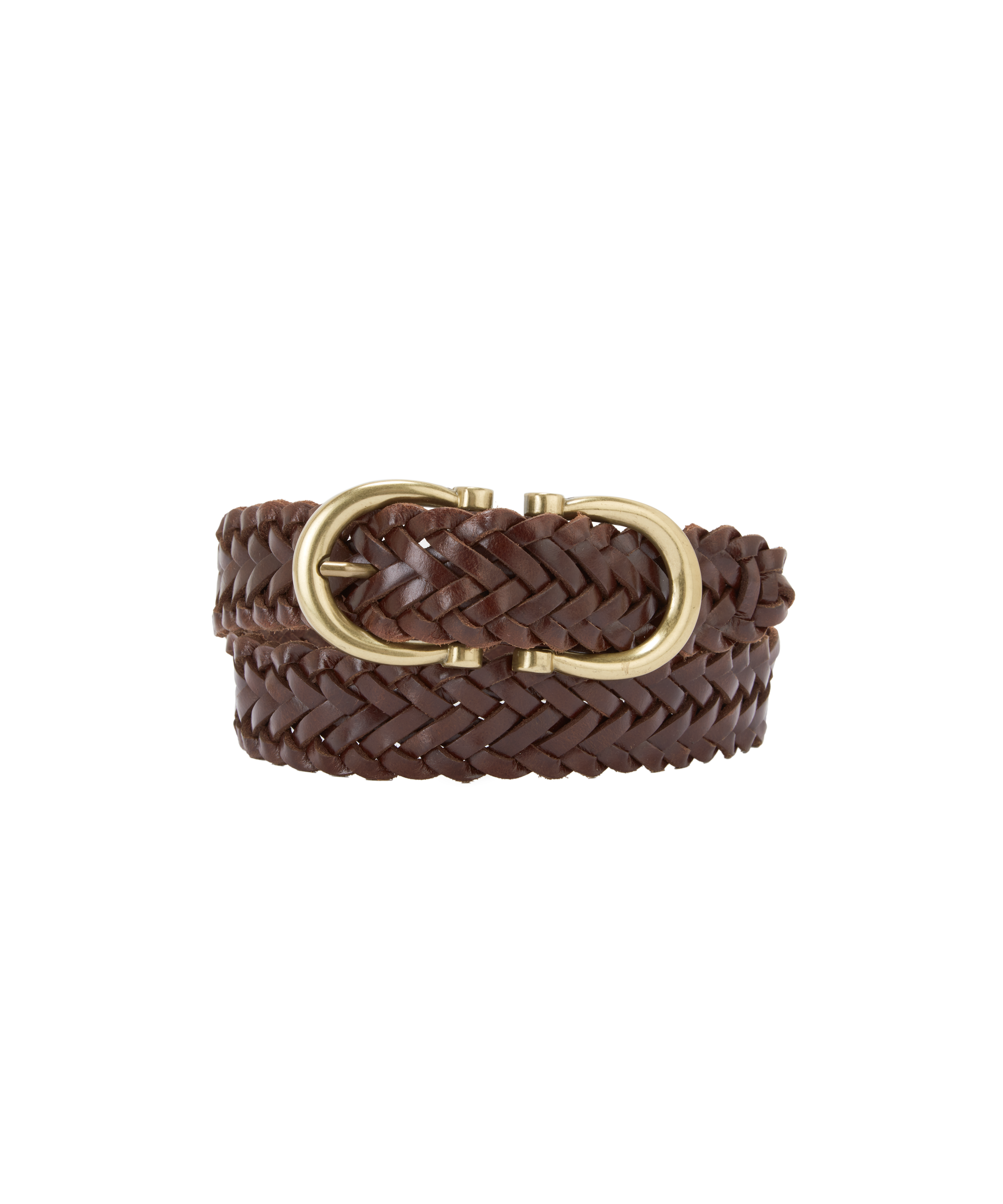 Brown braided belt with a gold buckle on a white background