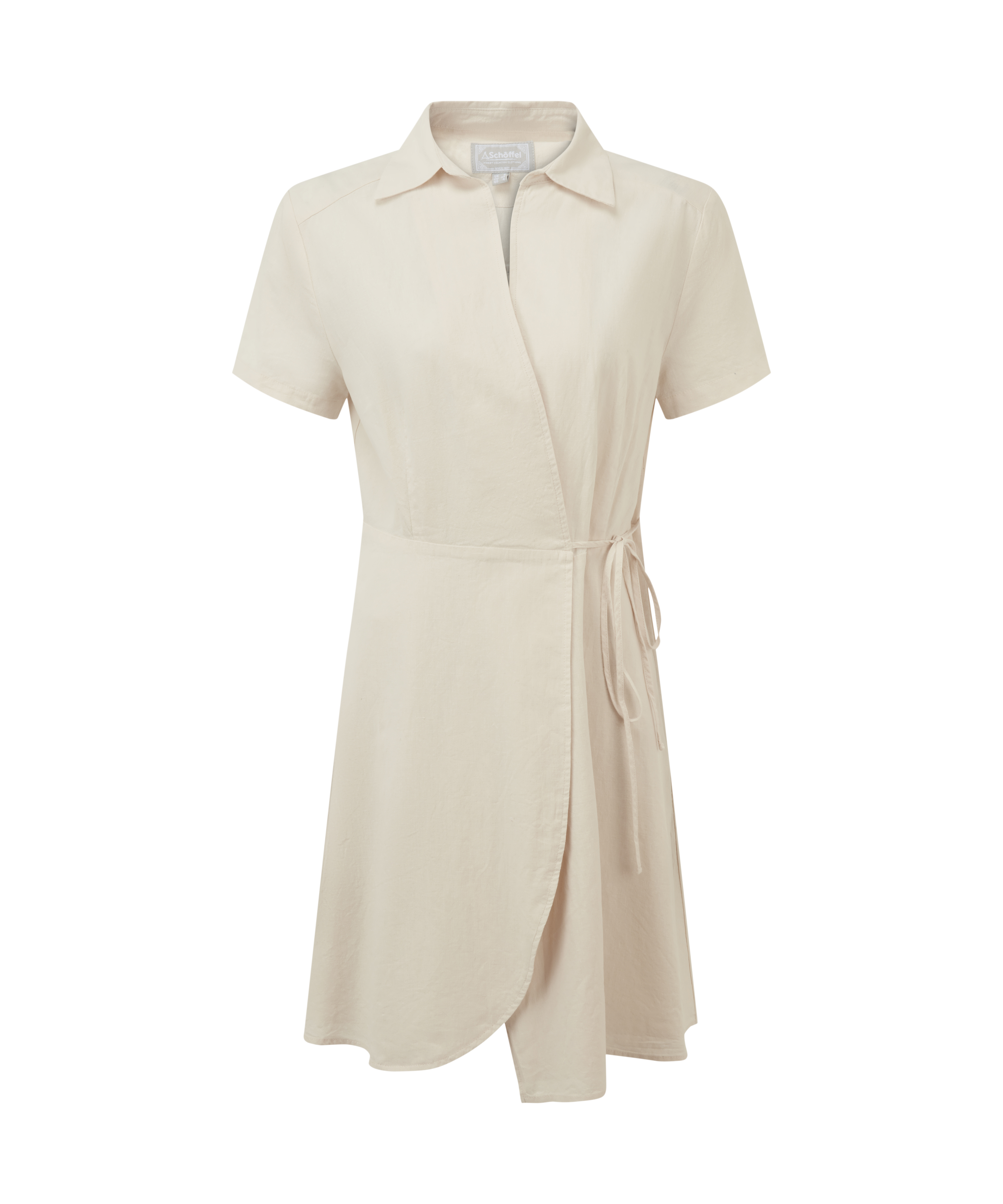 Beige wrap dress with a collar on a white background