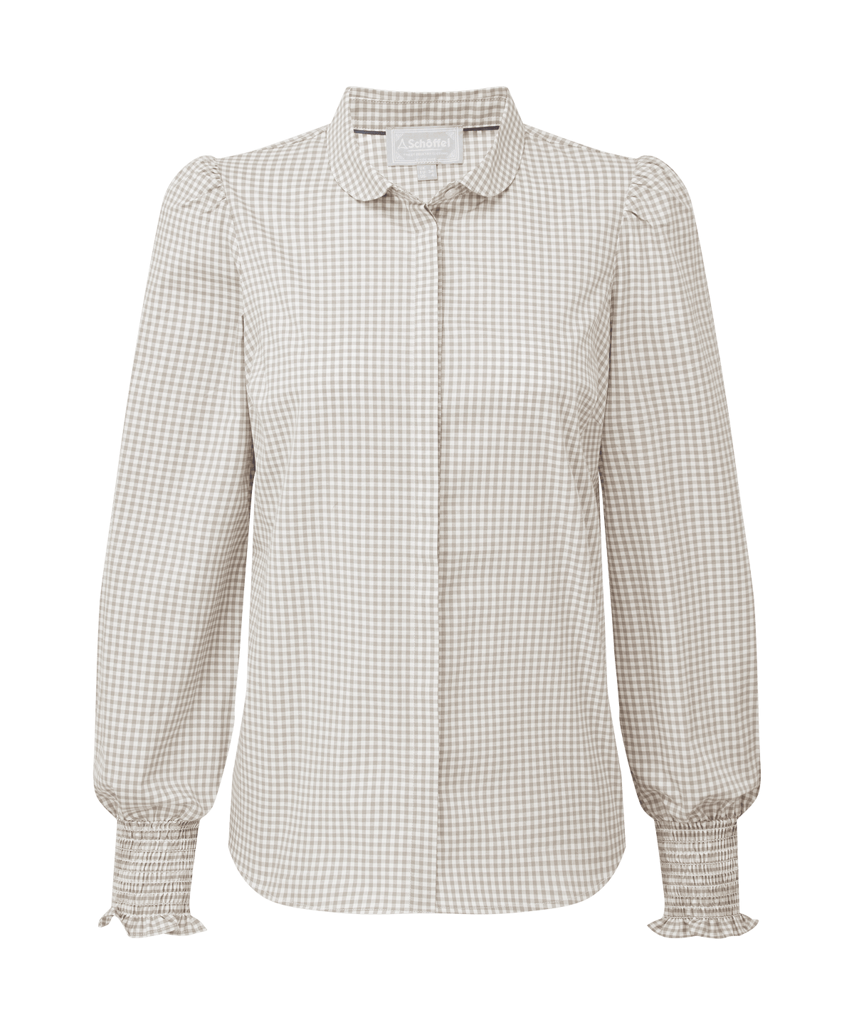 Flora gingham shirt sage green women’s long-sleeved blouse with beige white gingham pattern