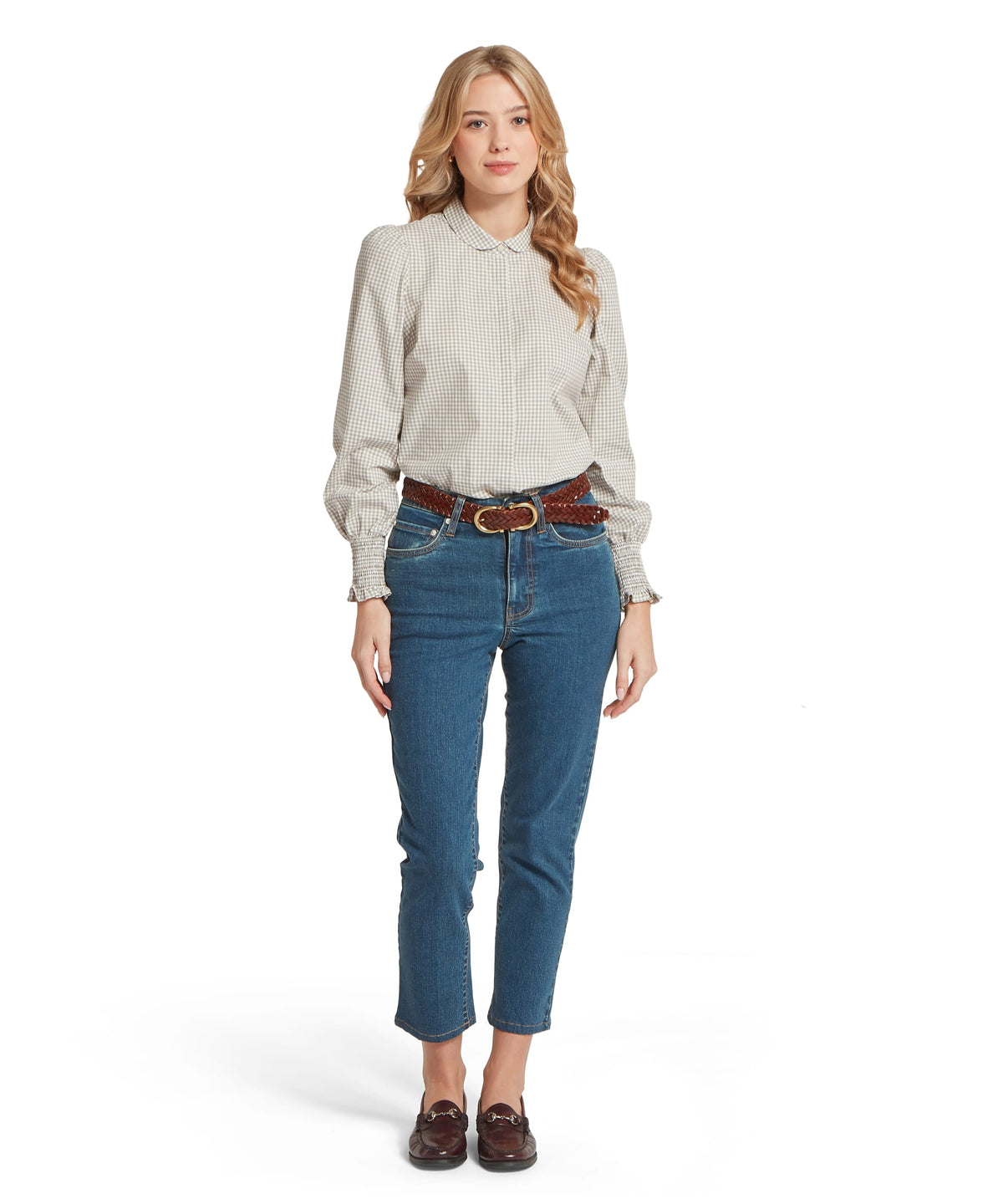 Schöffel Flora Gingham Shirt for women in Green, button-down collar paired with cropped jeans