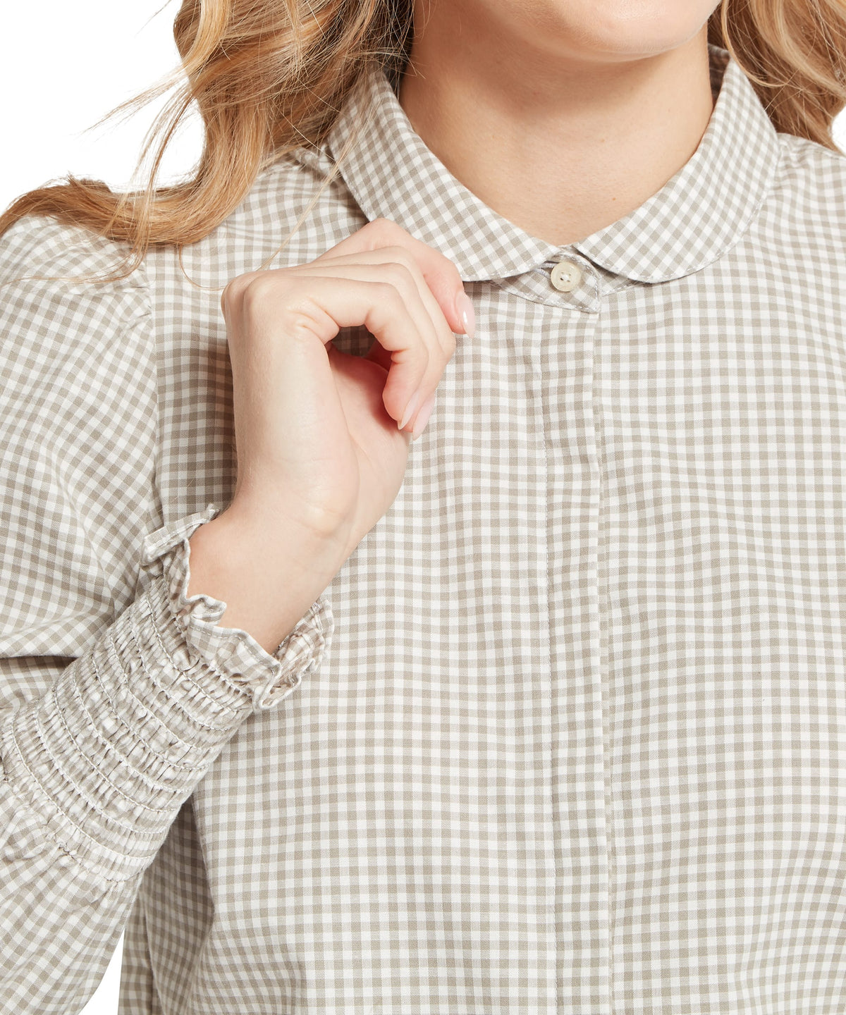 Schöffel Flora Gingham Shirt for women in Green, white gingham blouse with classic collar