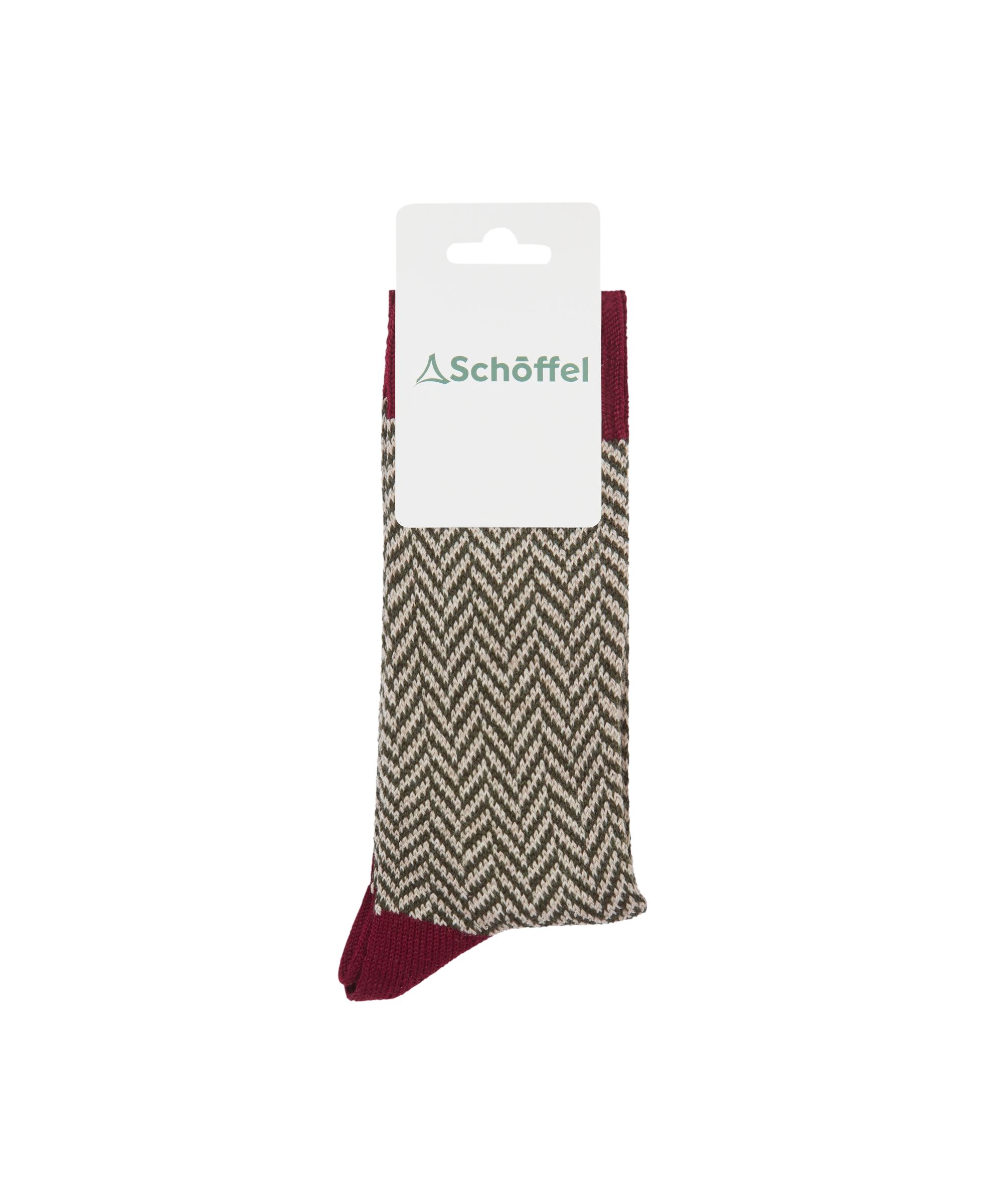 Packaged sock with herringbone pattern and red accents on a white background