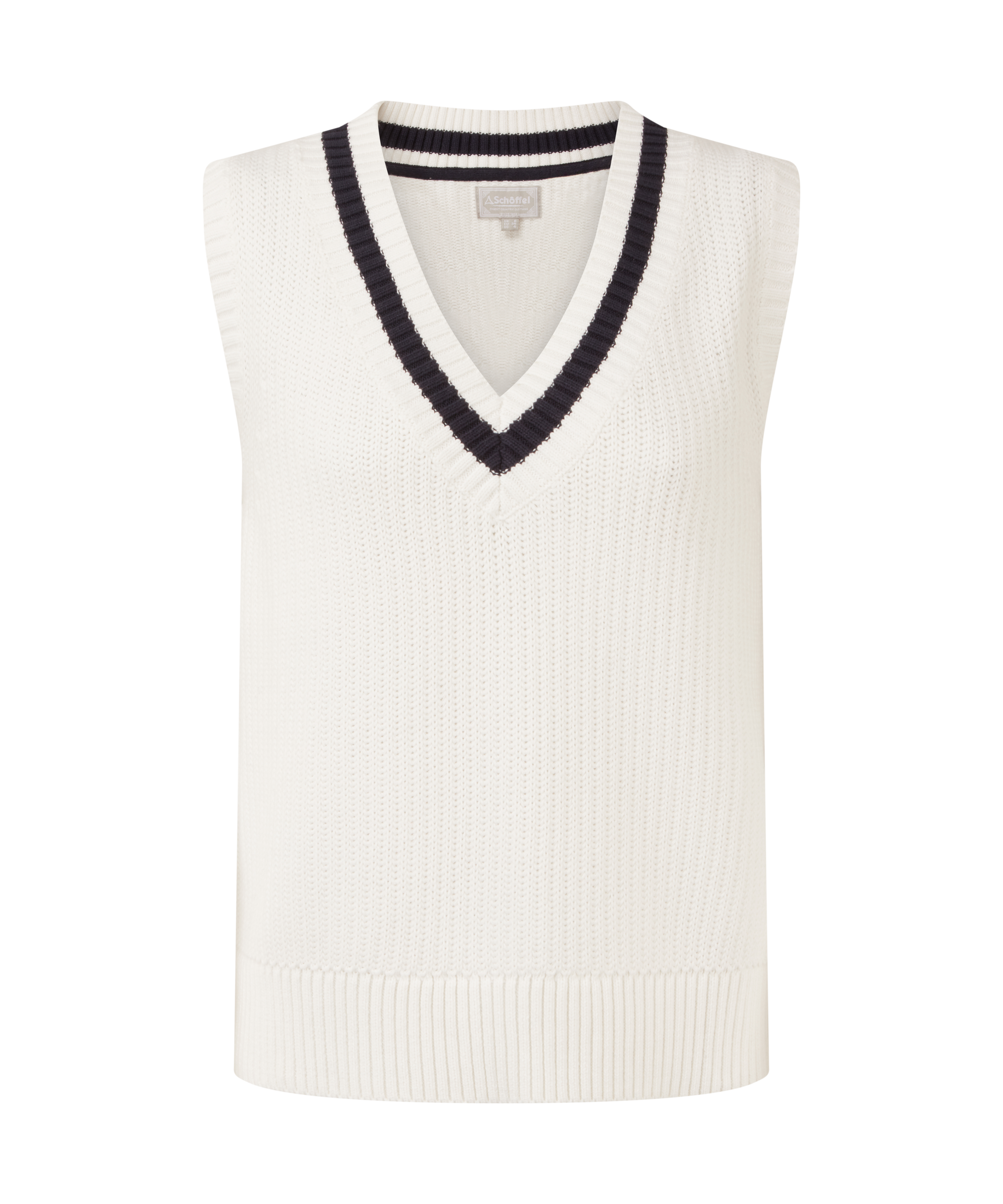 White sweater vest with navy trim on a white background