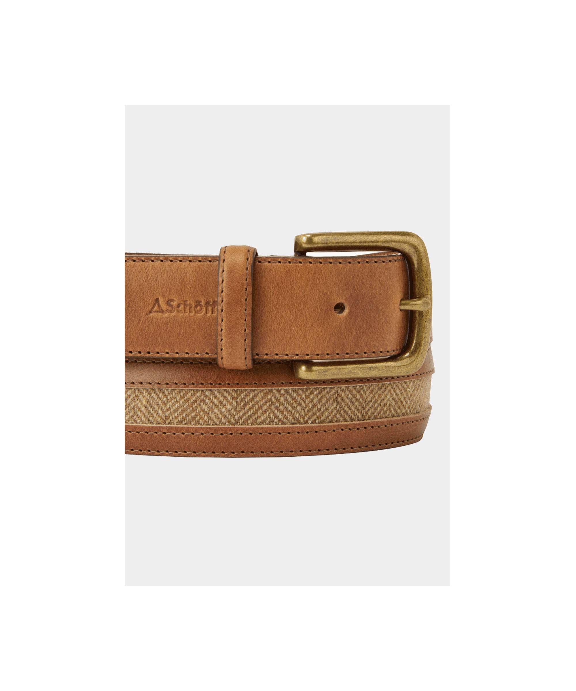 Schöffel Women's Hartington Belt in Tan Brown leather with herringbone tweed inlay and antique brass buckle close-up detail