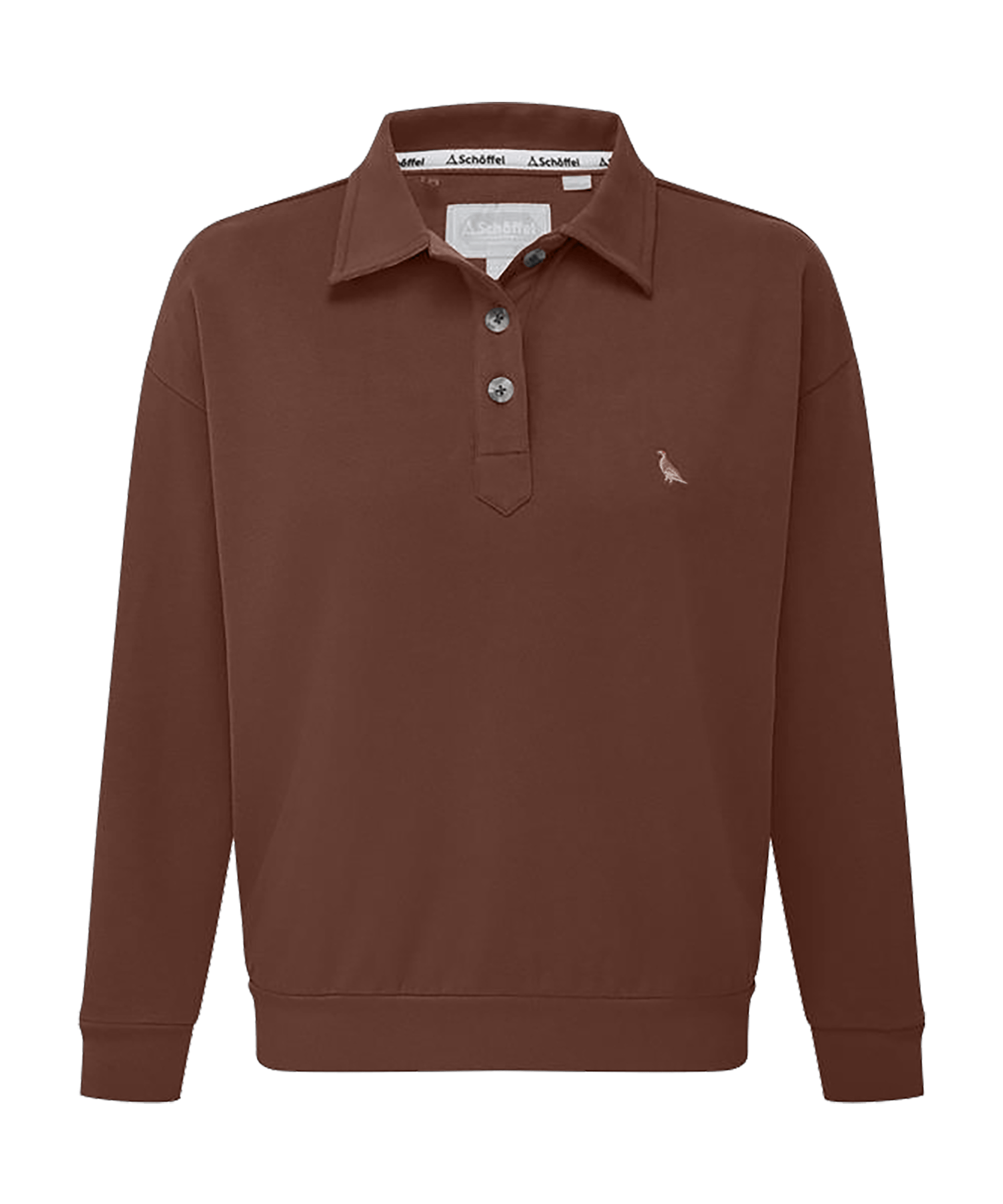 Schöffel Women's Horseley Sweatshirt in Brown — relaxed polo-collar sweatshirt in warm chocolate brown with horn-effect button placket and embroidered pheasant motif, a stylish and comfortable country casual essential