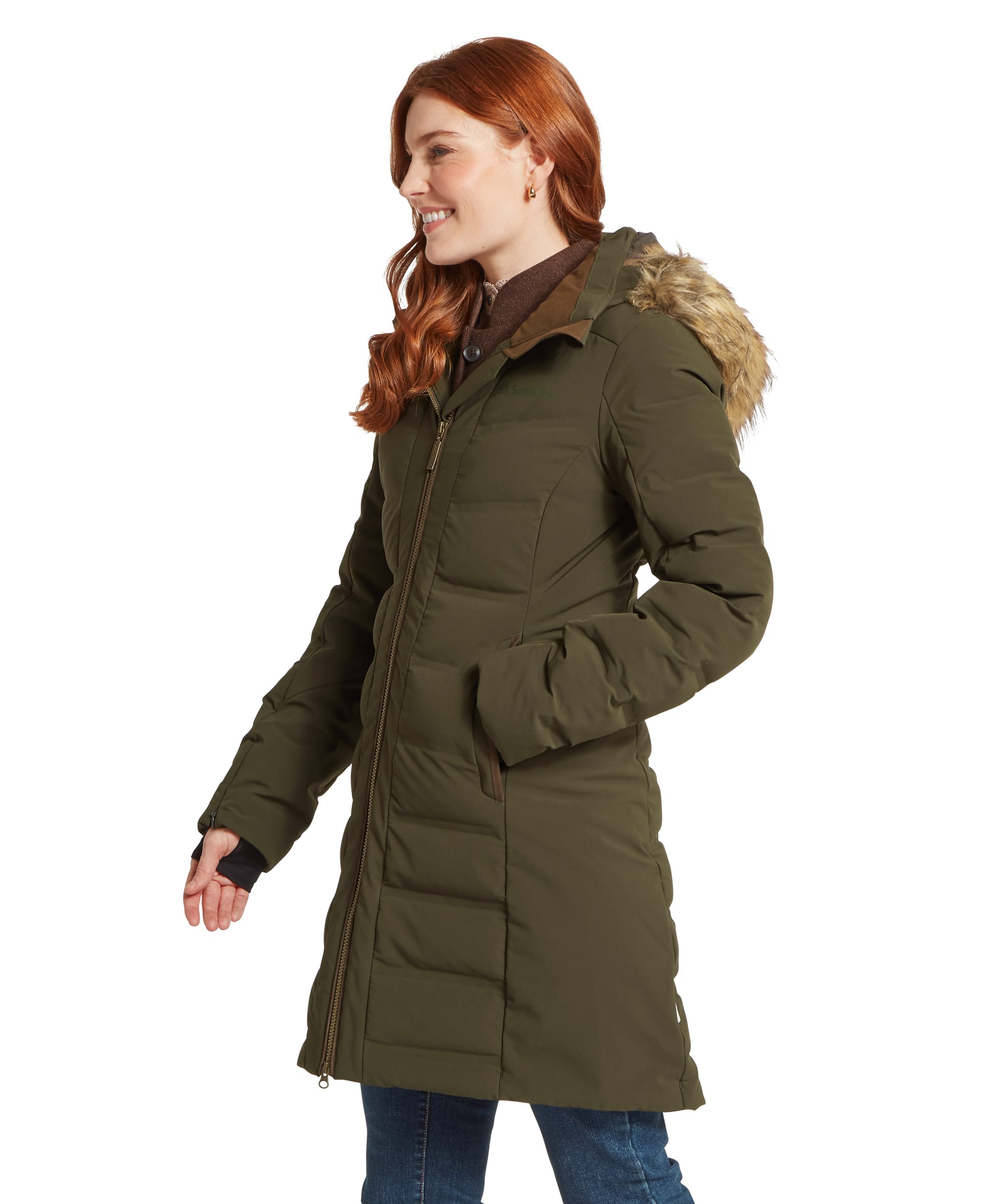 Schöffel Women's Hurlingham Waterproof Down Coat in dark olive green, three-quarter side view showing horizontal quilted baffles, faux fur-trimmed hood, front zip fastening, and side hand-warmer pockets