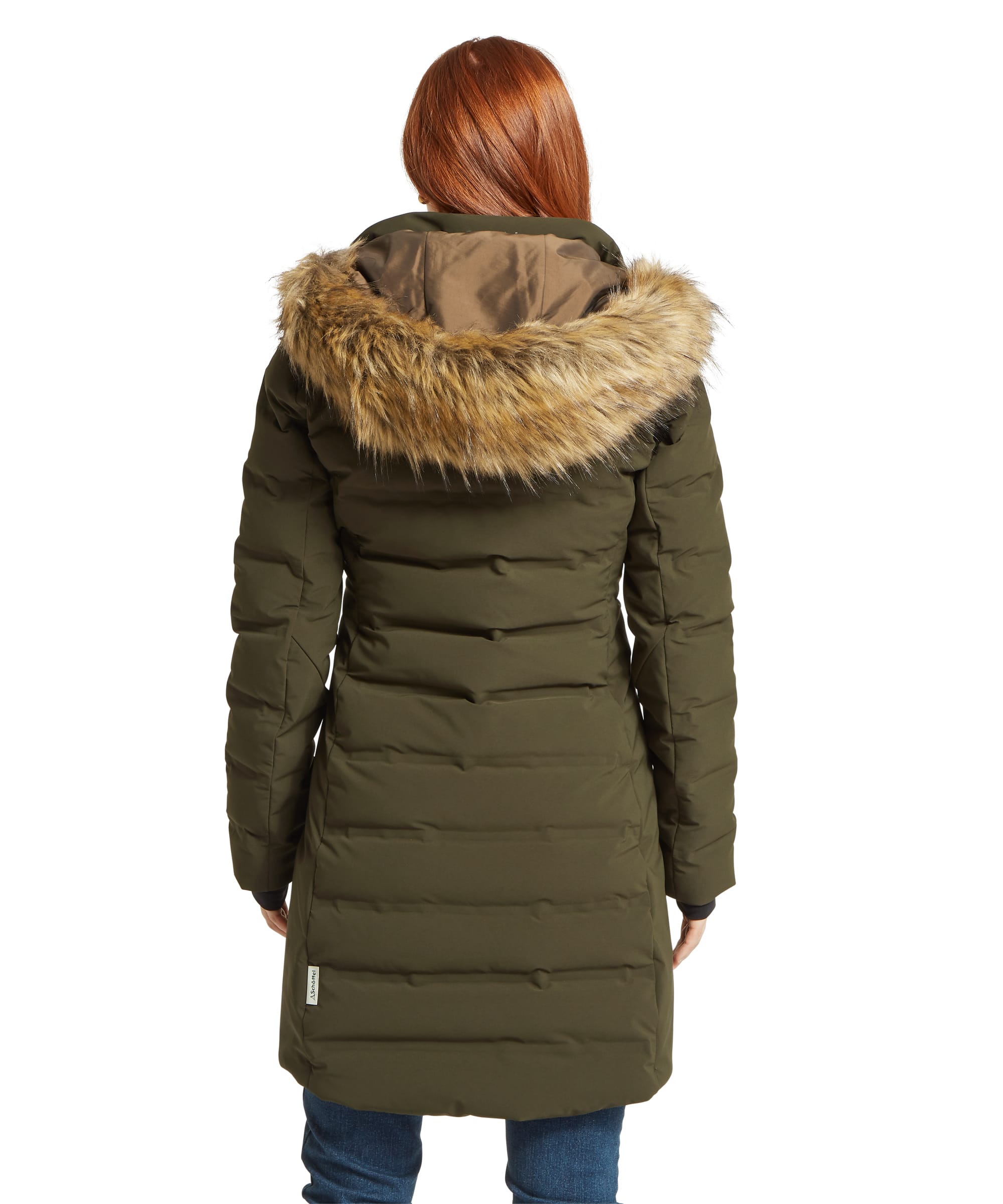 Schöffel Women's Hurlingham Waterproof Down Coat in olive green, rear view displaying large detachable faux fur hood trim, horizontal quilted panelling, and Schöffel woven label at the side seam