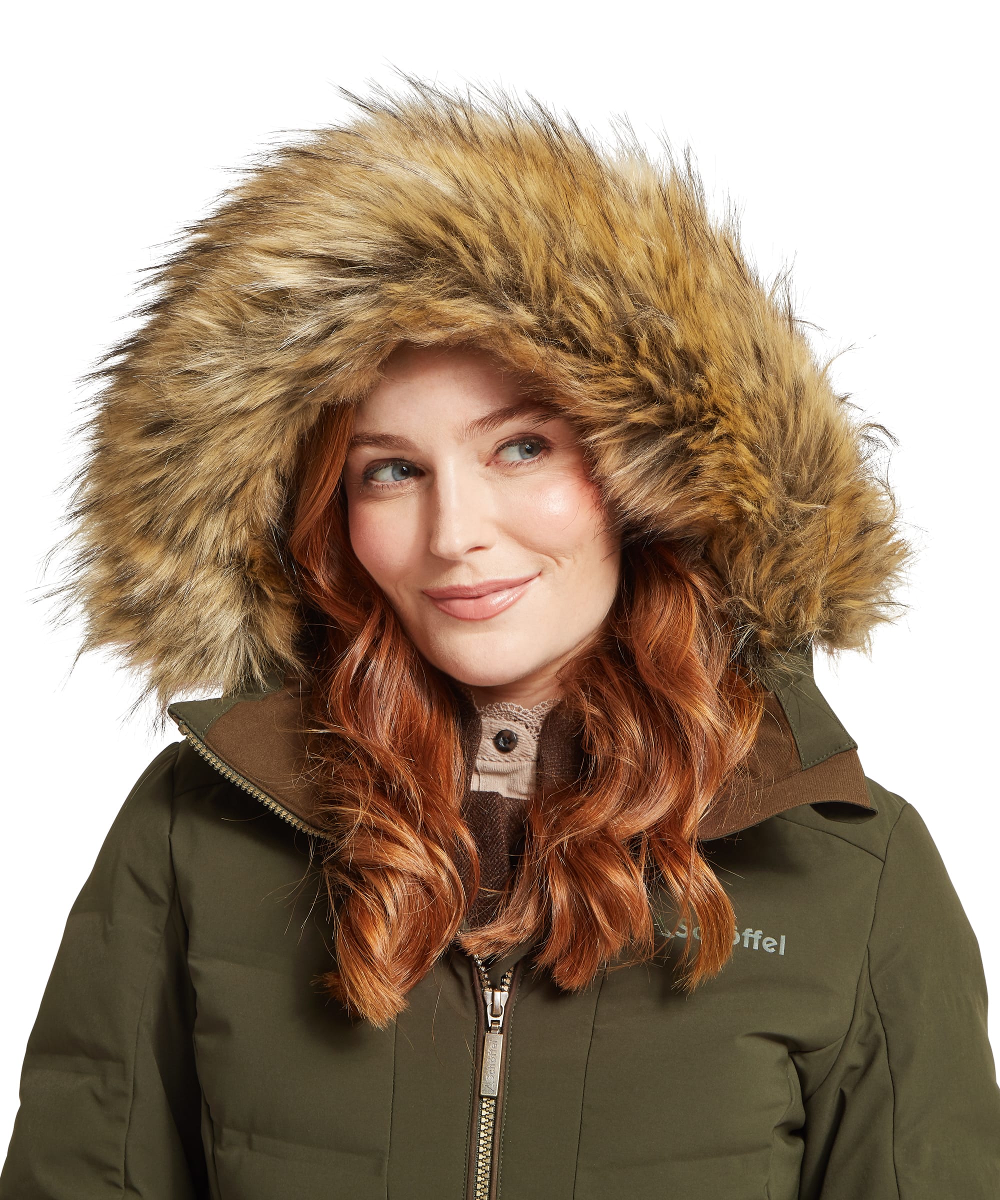 Close-up detail of the Women's Schöffel Hurlingham Waterproof Down Coat in dark olive green, highlighting the voluminous faux fur-trimmed hood worn up, with the Schöffel logo and full-length zip visible at the chest.